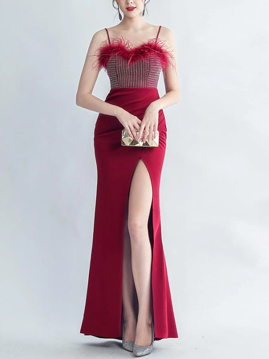 Feather Spaghetti Rhinestone Formal Dress GM90015