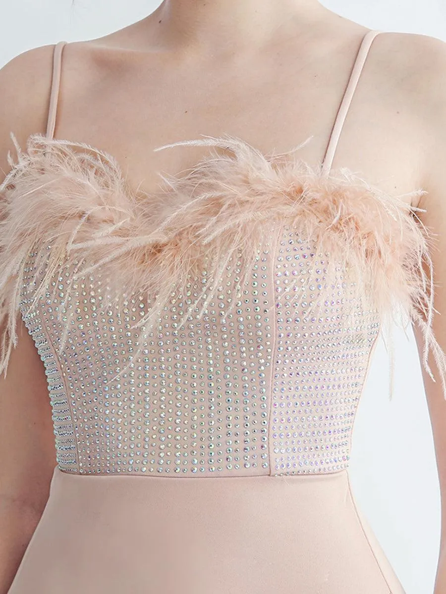 Feather Spaghetti Rhinestone Formal Dress GM90015