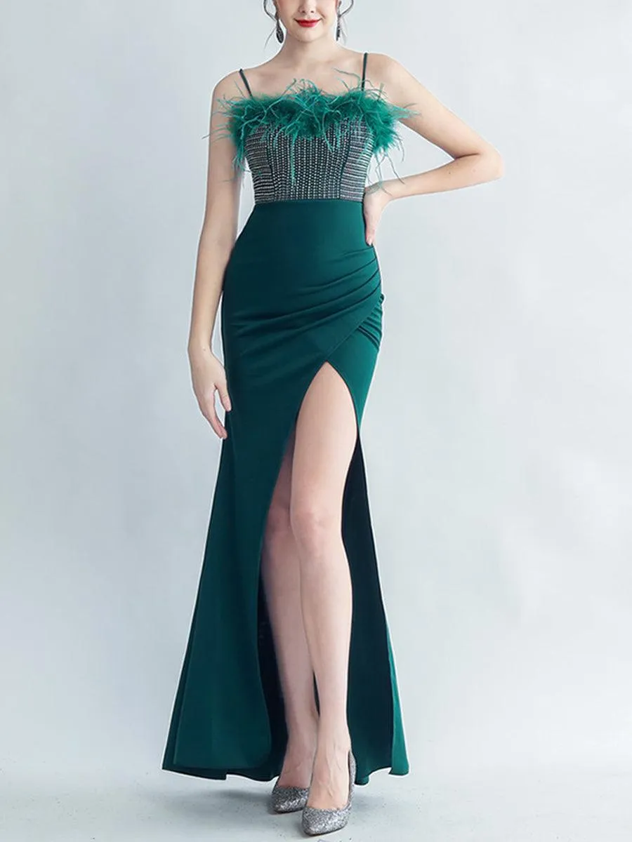 Feather Spaghetti Rhinestone Formal Dress GM90015