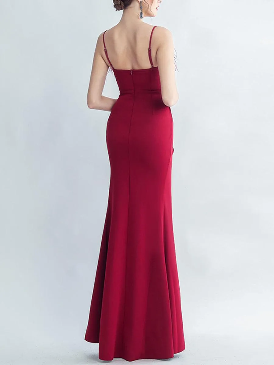Feather Spaghetti Rhinestone Formal Dress GM90015