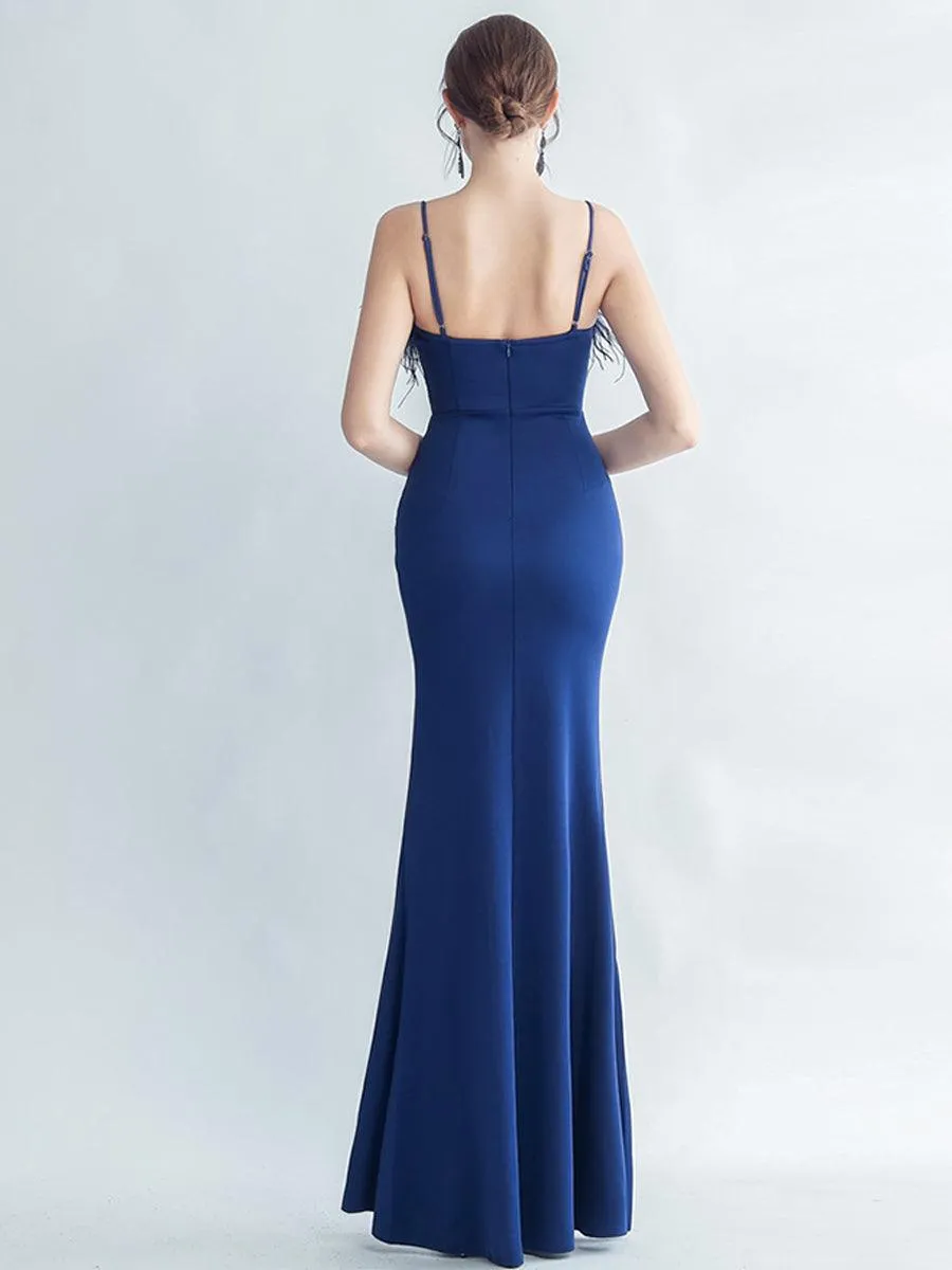 Feather Spaghetti Rhinestone Formal Dress GM90015