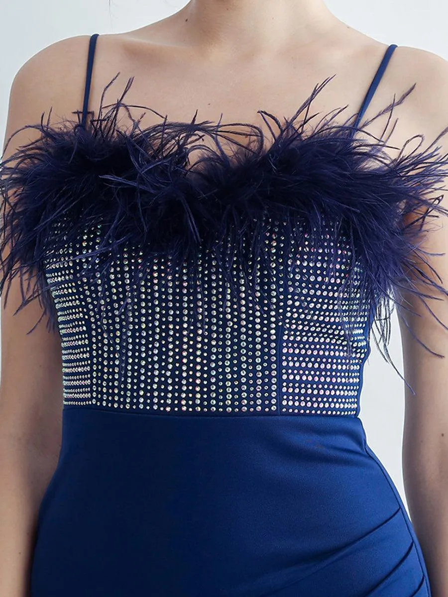 Feather Spaghetti Rhinestone Formal Dress GM90015