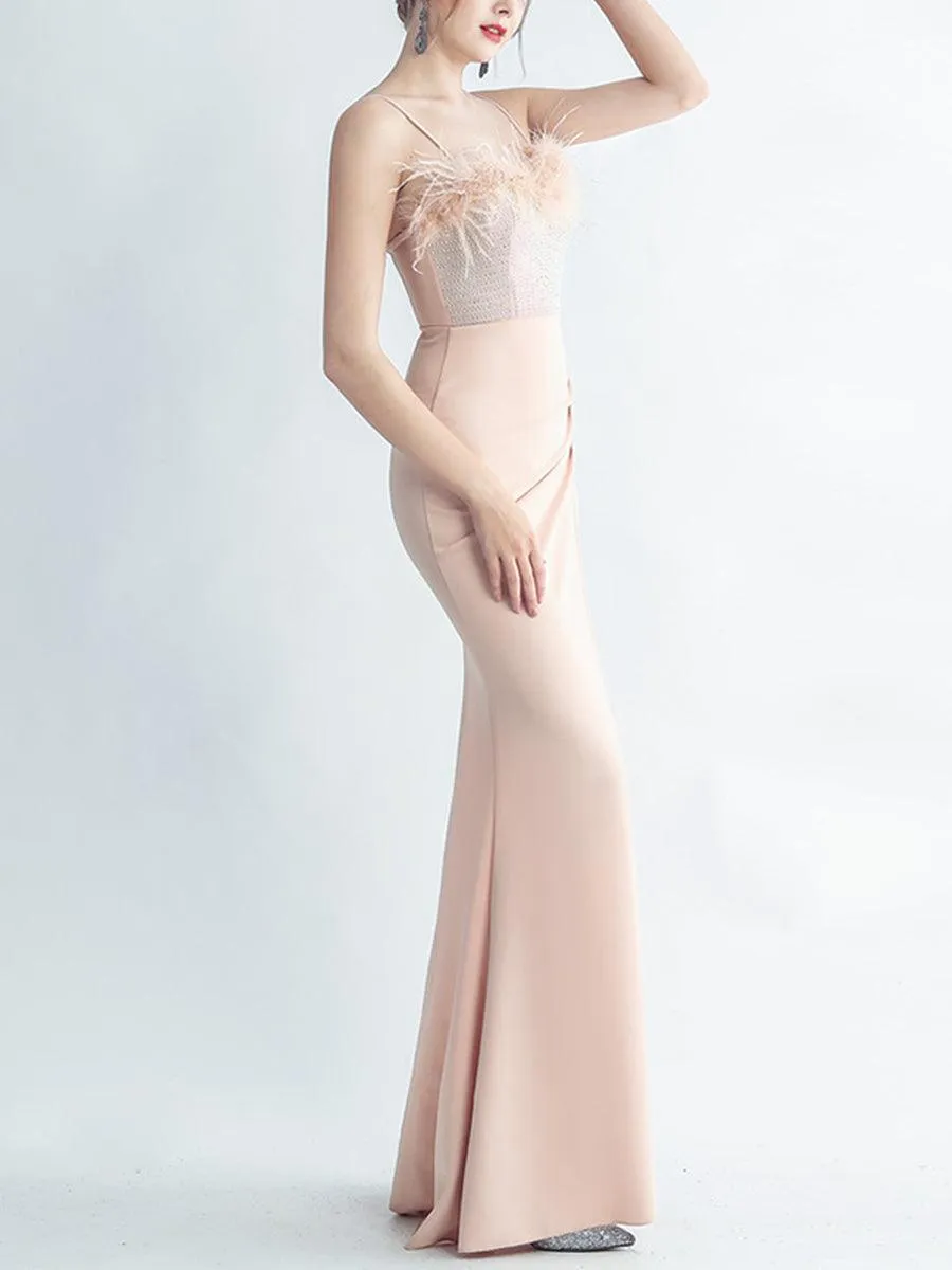 Feather Spaghetti Rhinestone Formal Dress GM90015