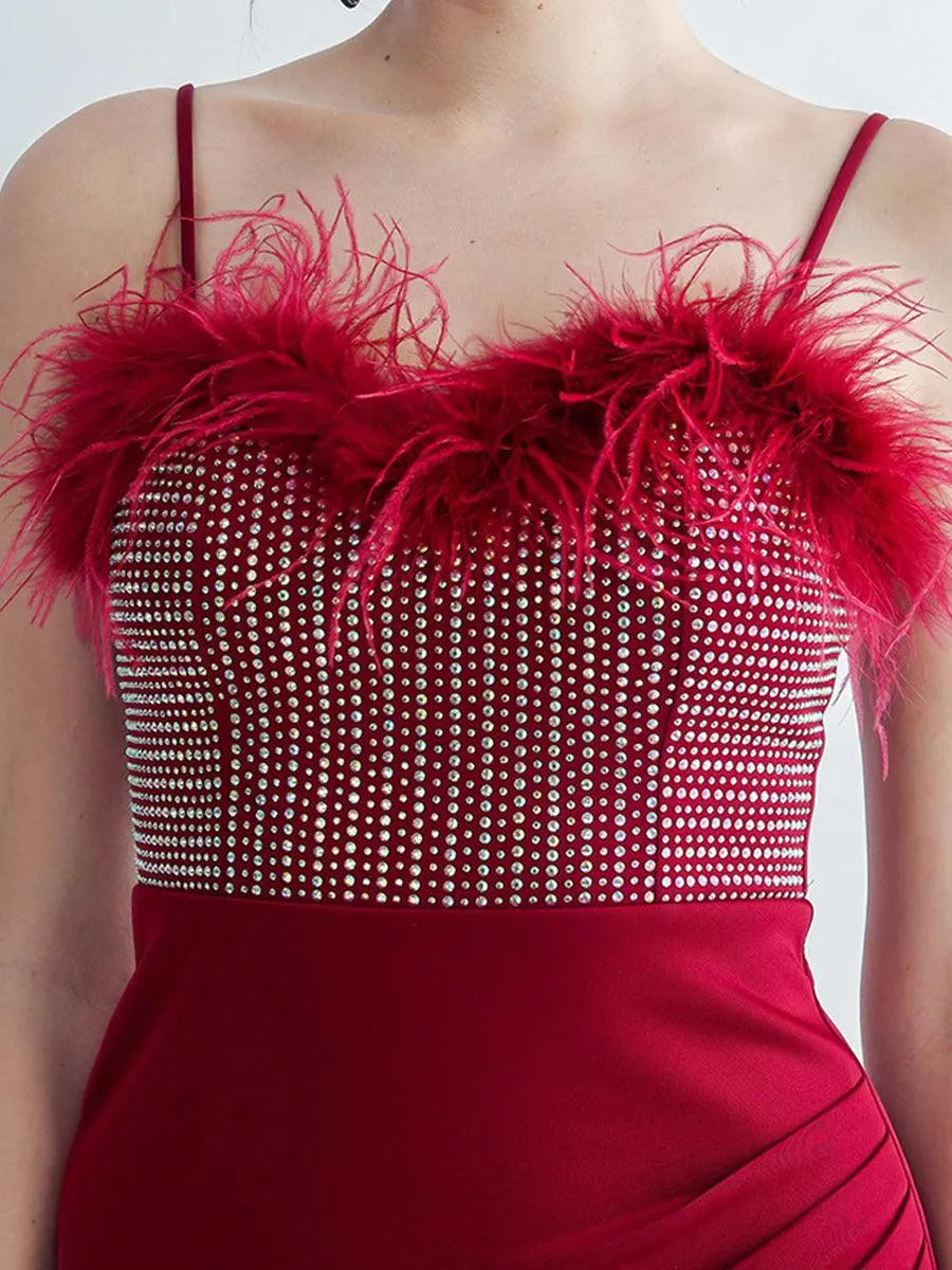 Feather Spaghetti Rhinestone Formal Dress GM90015