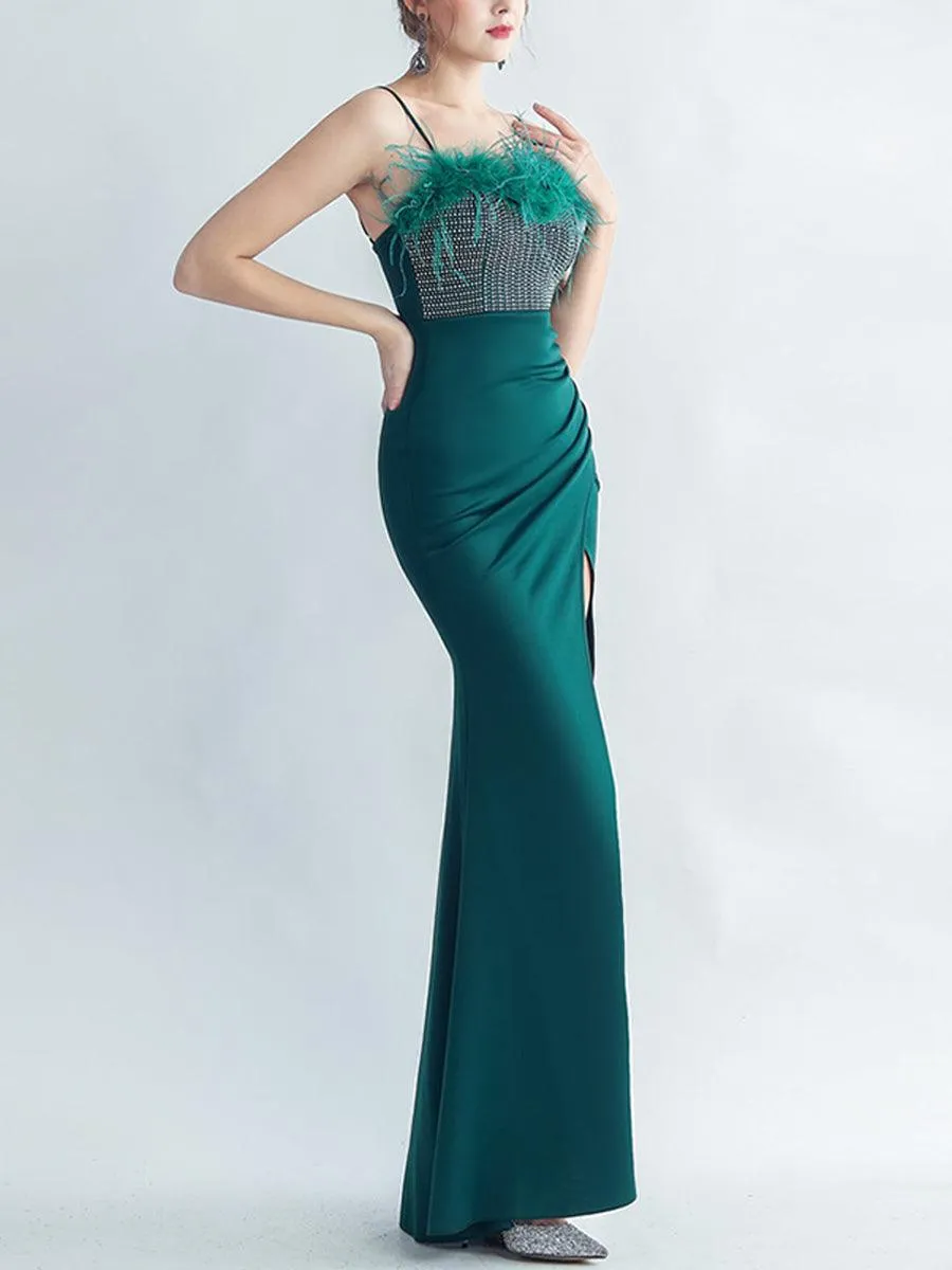 Feather Spaghetti Rhinestone Formal Dress GM90015