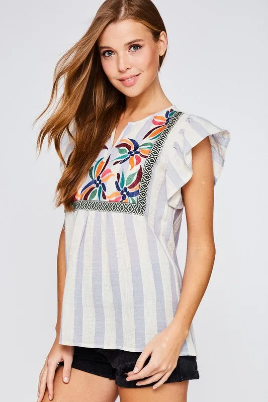 Flared Sleeve Embroidered Striped Top