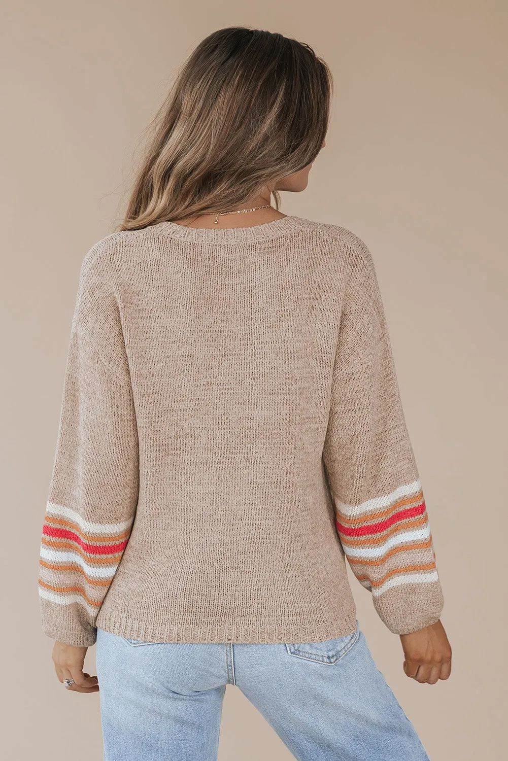 Flaxen Drop Shoulder Striped Sleeve Casual Sweater
