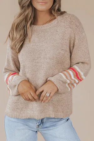 Flaxen Drop Shoulder Striped Sleeve Casual Sweater