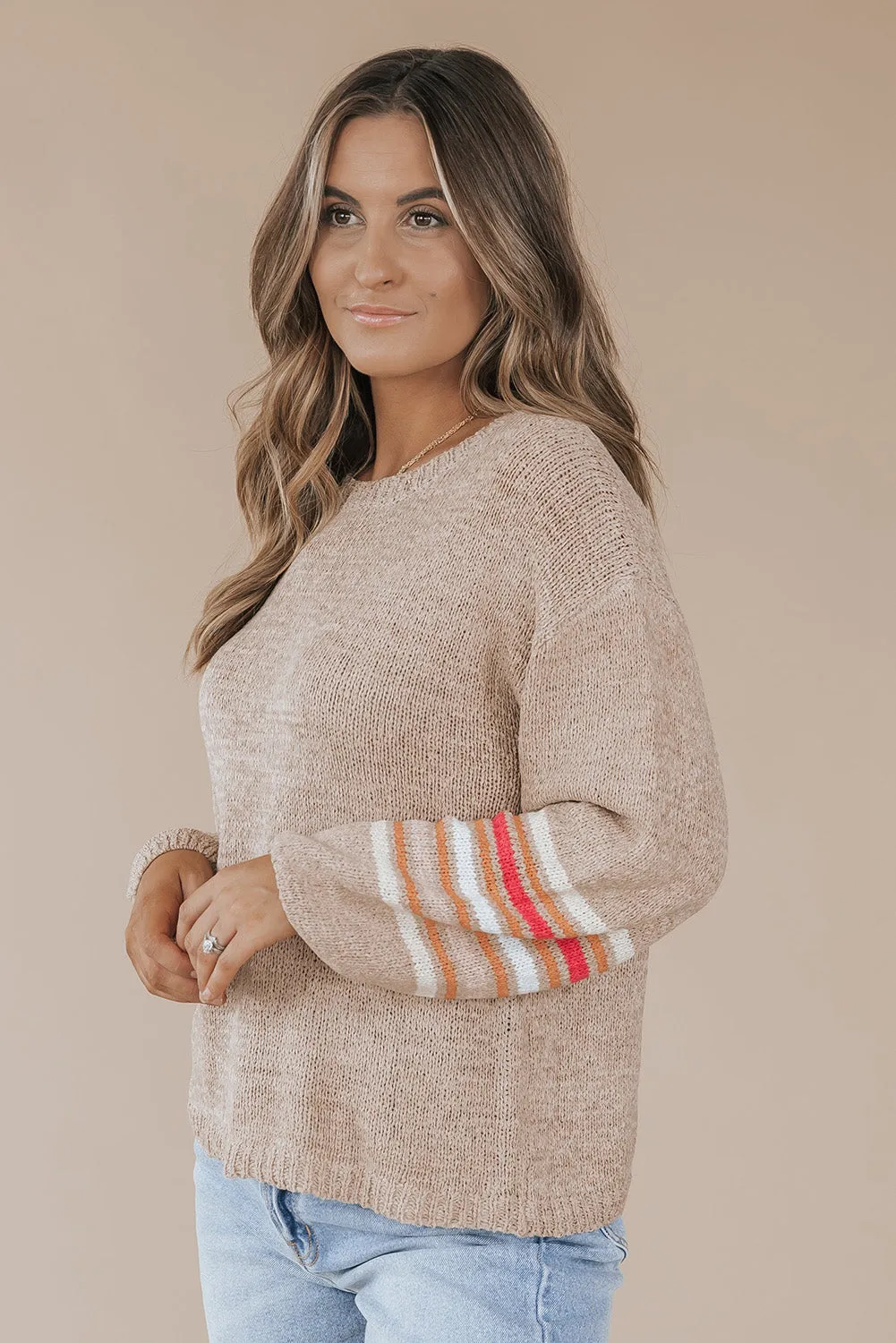 Flaxen Drop Shoulder Striped Sleeve Casual Sweater