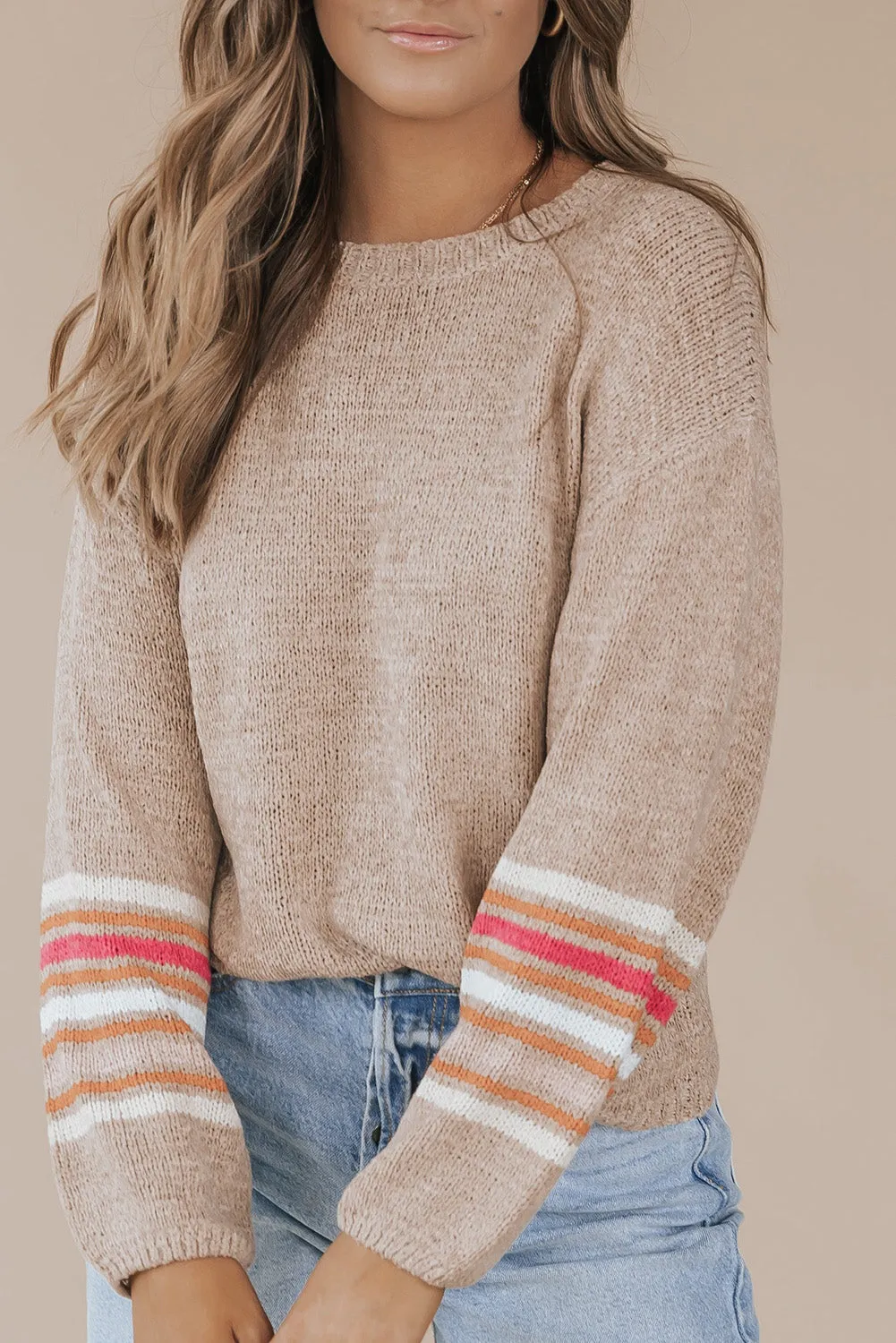 Flaxen Drop Shoulder Striped Sleeve Casual Sweater