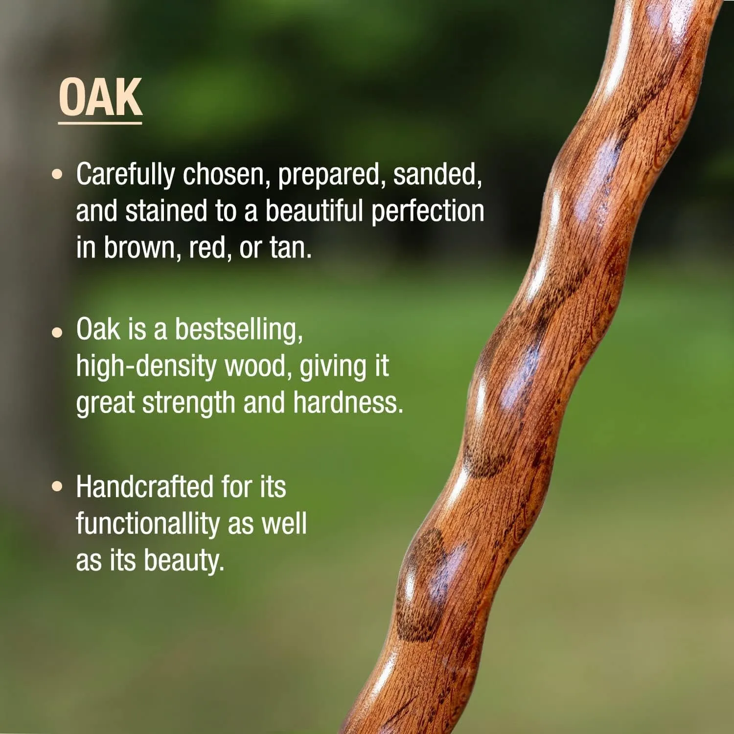 Handcrafted Wood Walking Stick, Twisted Oak, Hitchhiker Style Handle, for Men & Women, Made in the USA