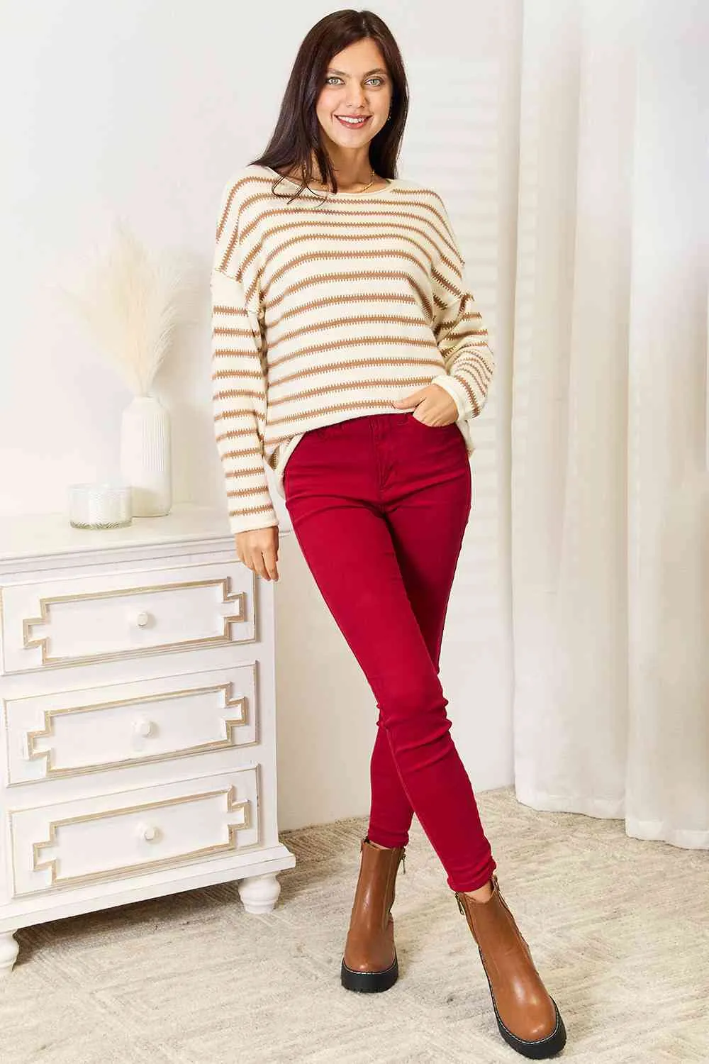 Hazel Blues® |  Double Take Striped Boat Neck Sweater
