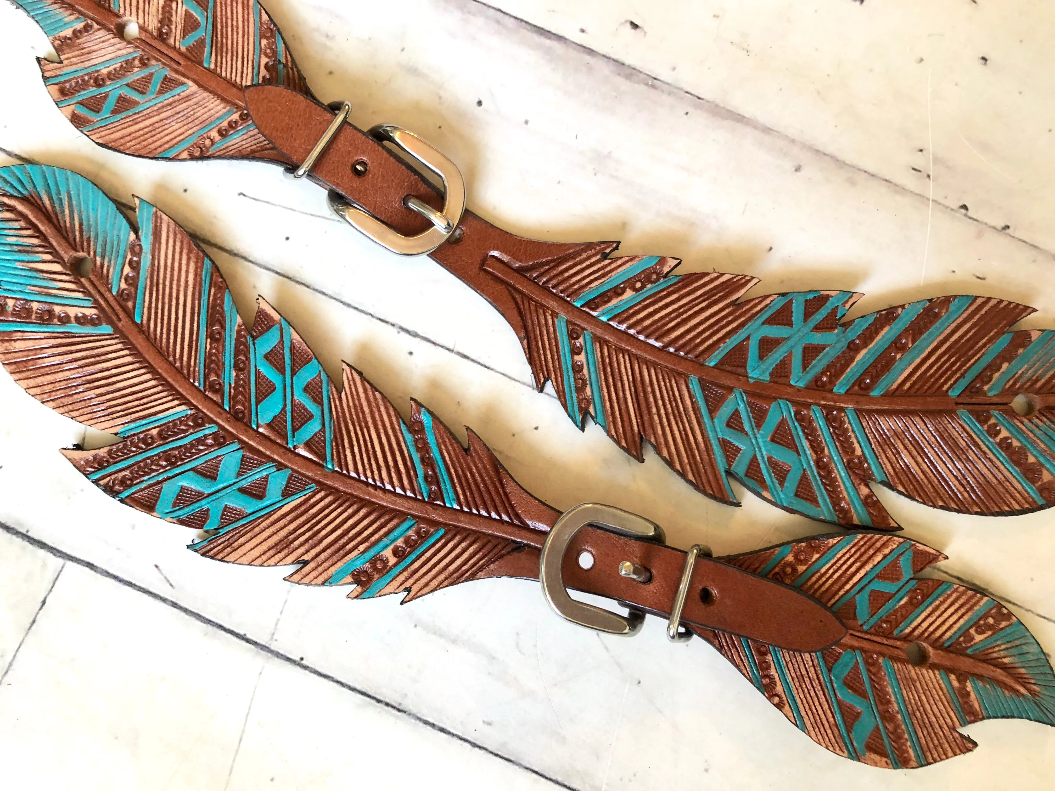 Ladies Teal Feather Cut Out Spur Straps