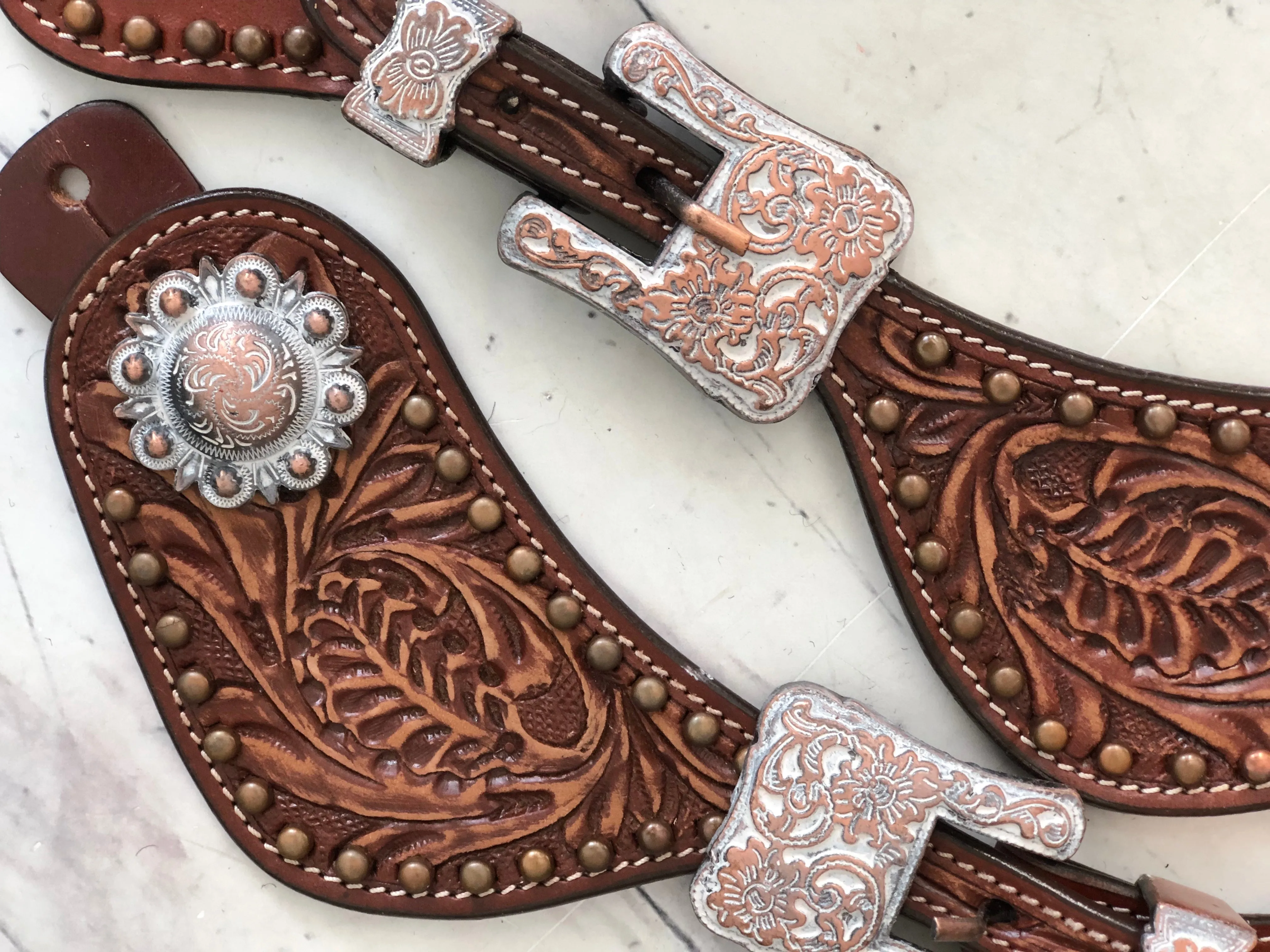 Leather Tooled Vintage Copper Spur Straps