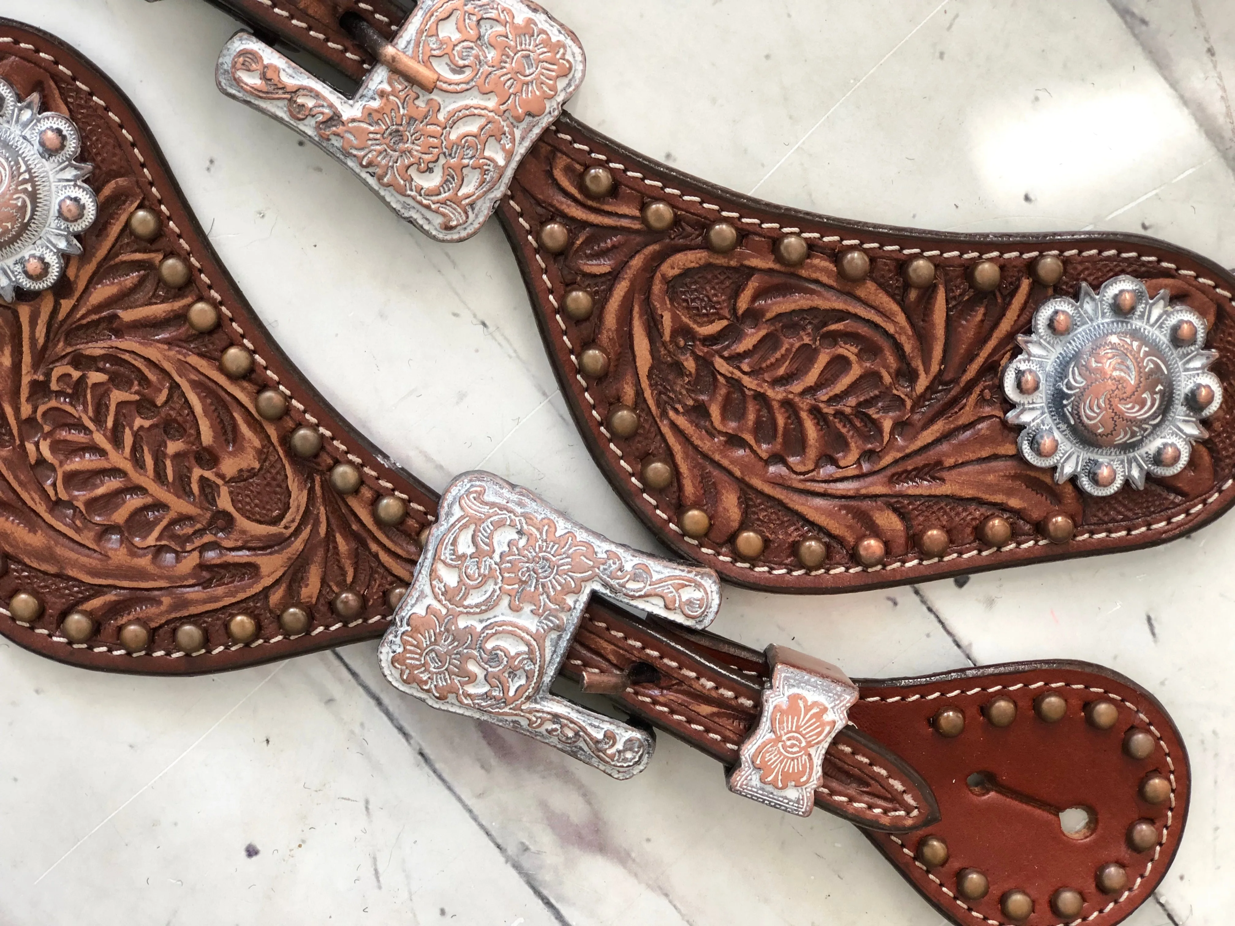 Leather Tooled Vintage Copper Spur Straps