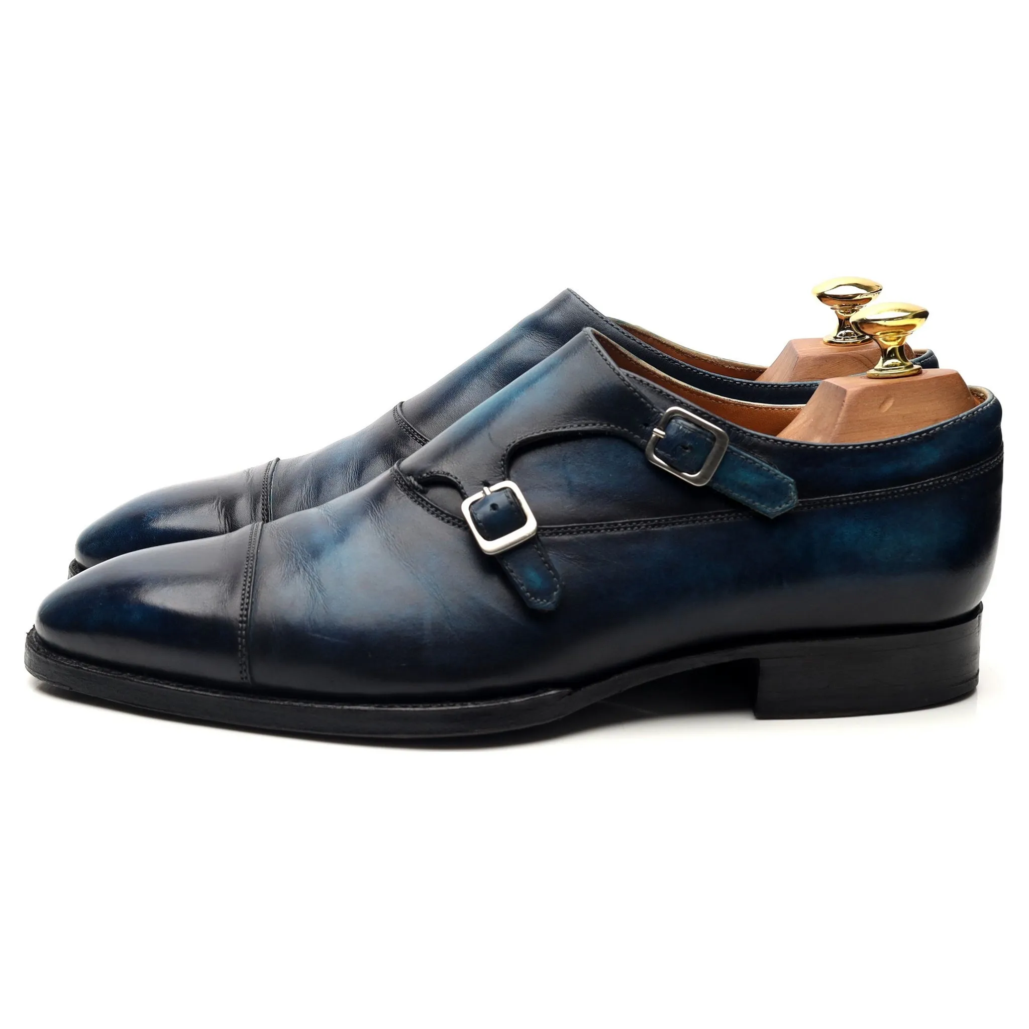 'Louis-Charles' Blue Patina Leather Double Monk Strap UK 7.5