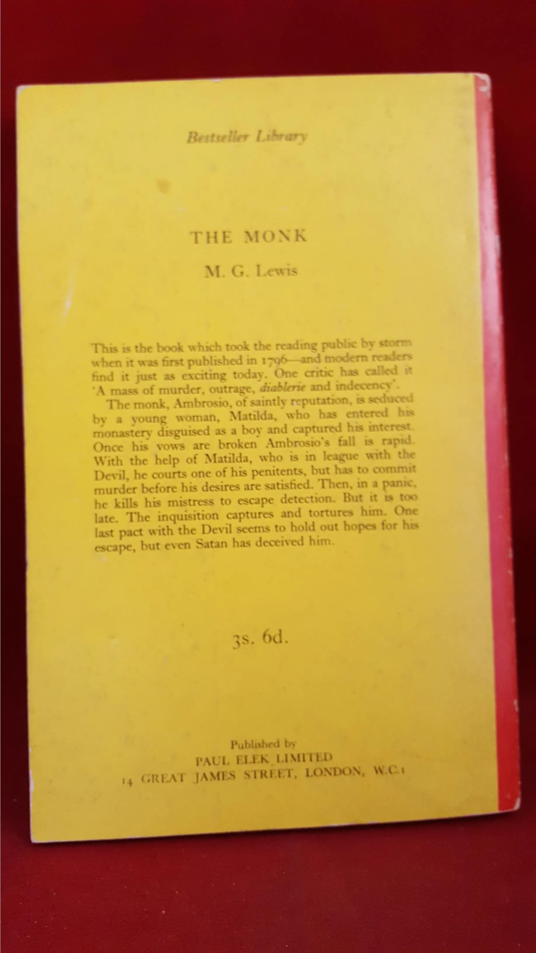 M G Lewis - The Monk, Paul Elek, 1960, First Edition