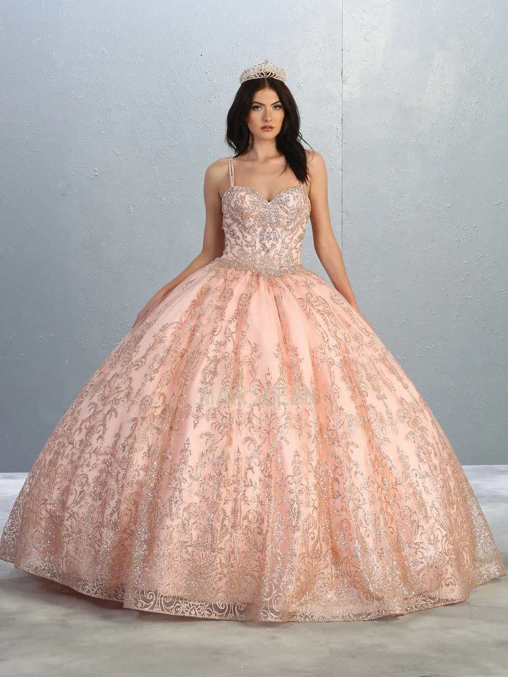 MQ LK145 - Glitter Print A-Line Quinceanera Ball Gown with Bead Embellished Straps & Corset Back