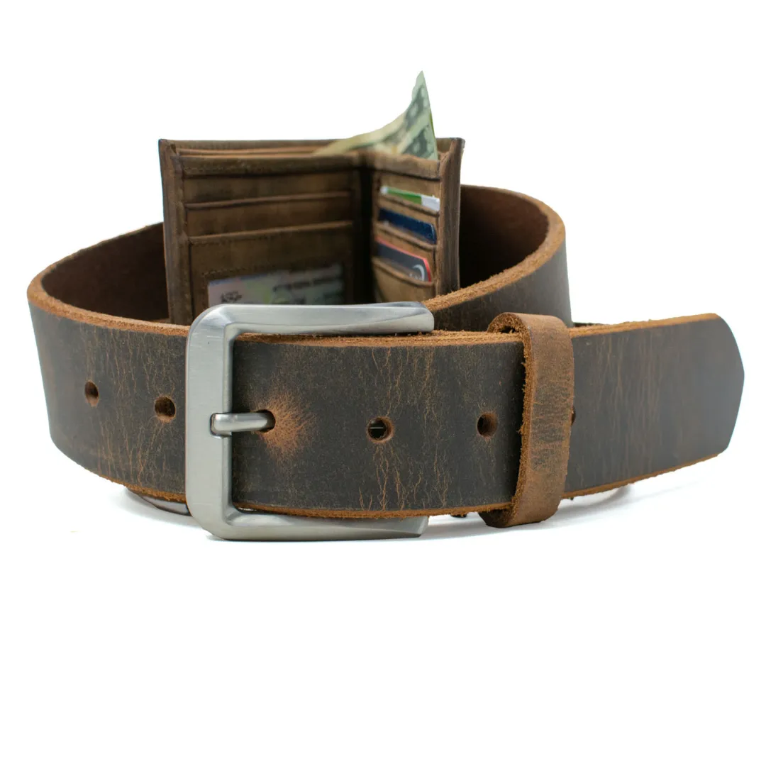 Mt. Pisgah Titanium Distressed Leather Belt & Wallet Set by Nickel Smart®