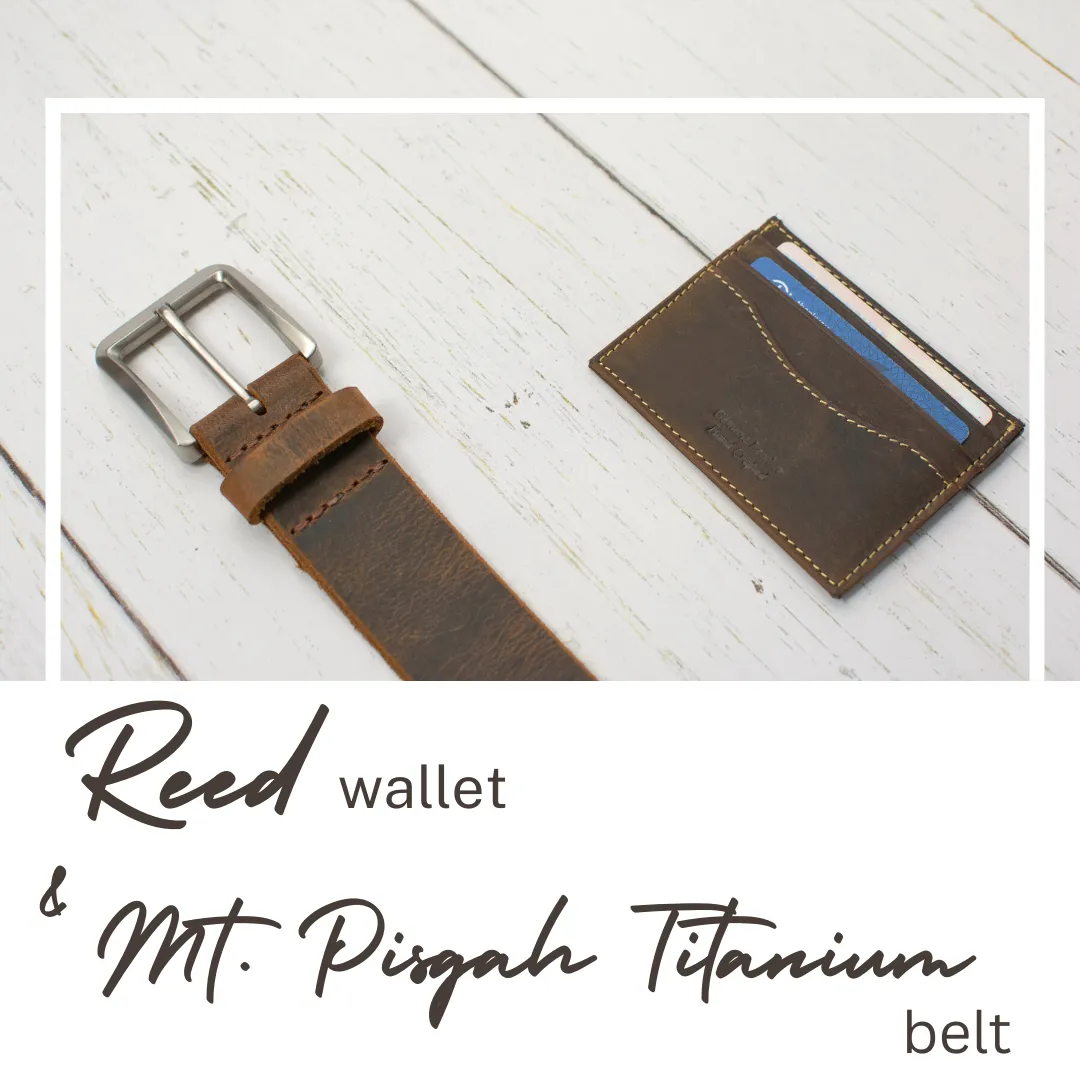 Mt. Pisgah Titanium Distressed Leather Belt & Wallet Set by Nickel Smart®