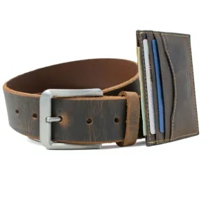 Mt. Pisgah Titanium Distressed Leather Belt & Wallet Set by Nickel Smart®