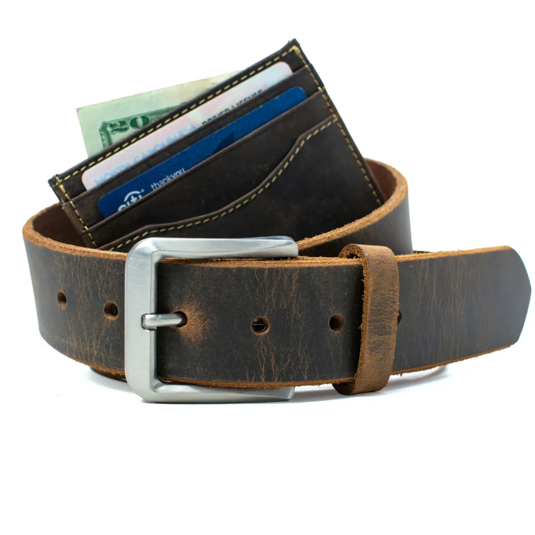 Mt. Pisgah Titanium Distressed Leather Belt & Wallet Set by Nickel Smart®