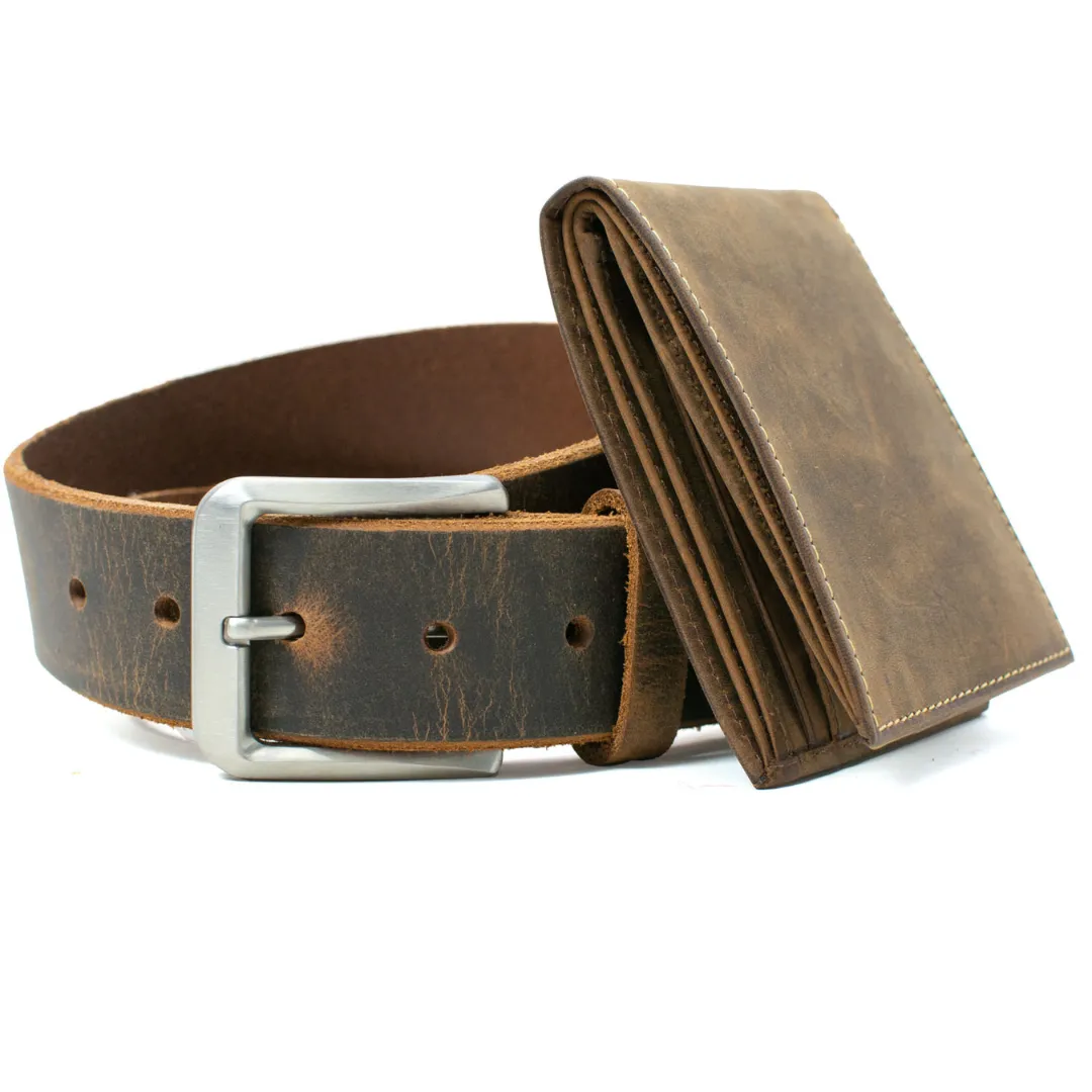 Mt. Pisgah Titanium Distressed Leather Belt & Wallet Set by Nickel Smart®