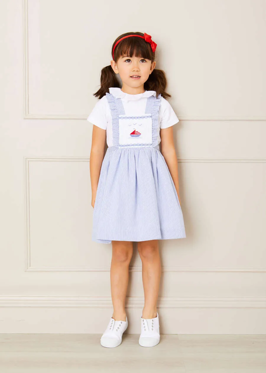 Nautical Striped Boat Embroidered Skirt with Braces in Blue (18mths-4yrs)