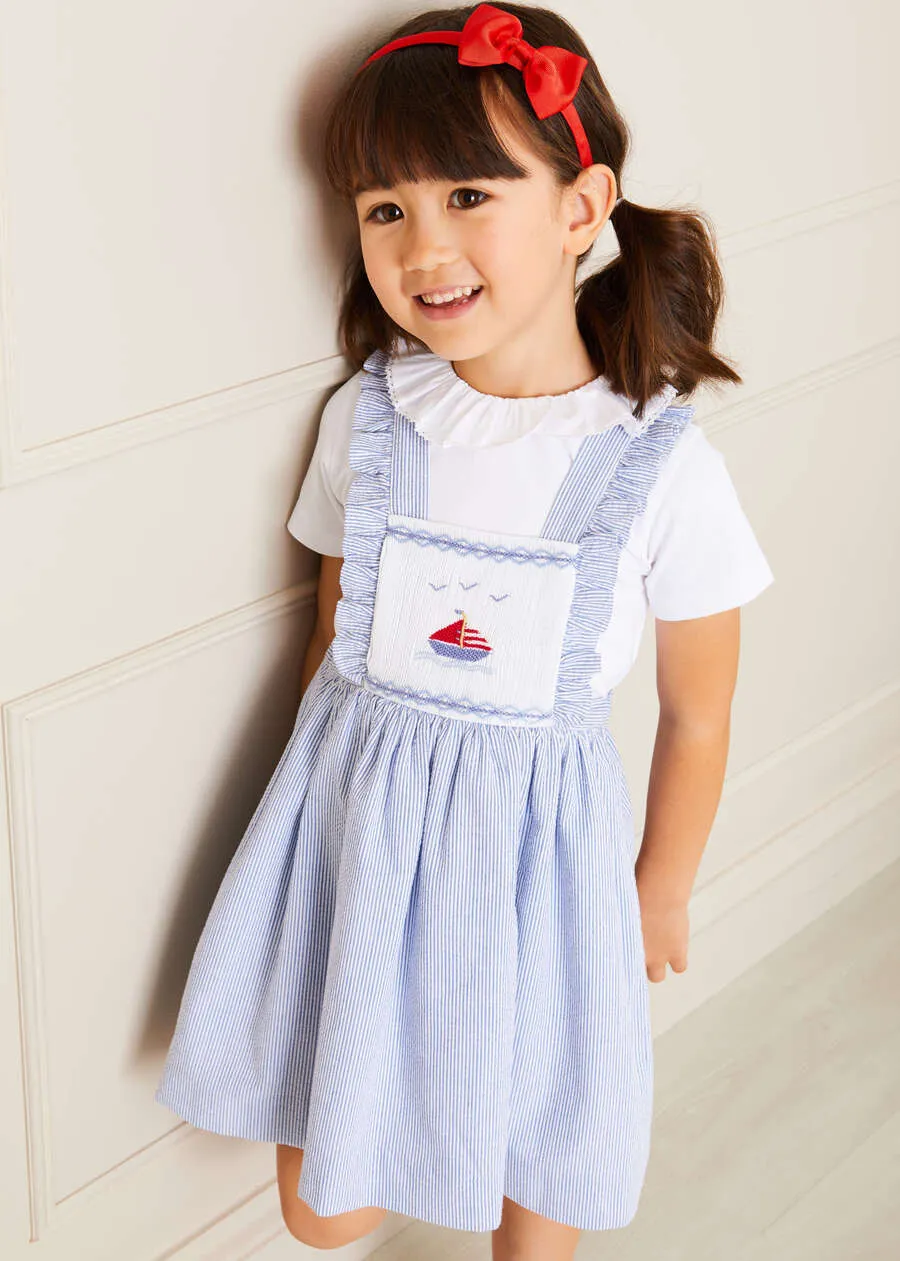Nautical Striped Boat Embroidered Skirt with Braces in Blue (18mths-4yrs)