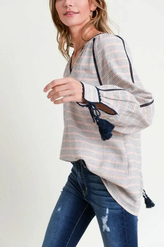 NAVY STRIPED V- NECK BLOUSE W/TASSEL CUFFS