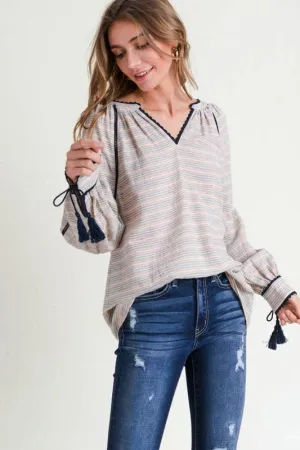 NAVY STRIPED V- NECK BLOUSE W/TASSEL CUFFS