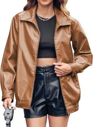 New Miladusa Womens Oversized Leather Jackets Faux Casual Zip Up Trendy Bomber Motorcycle Jacket with Pockets Brown, Sz S! Retails $87 