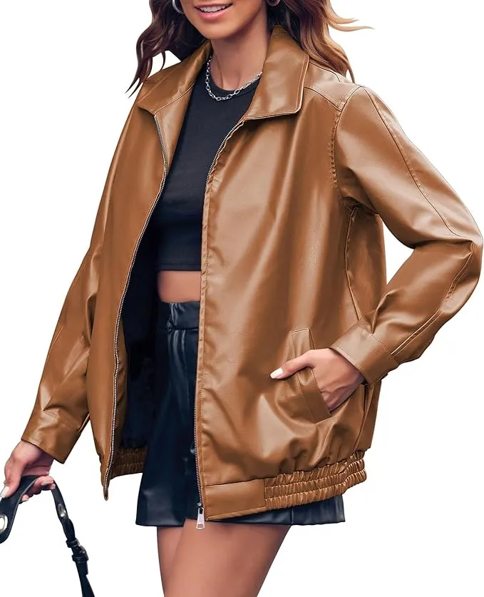 New Miladusa Womens Oversized Leather Jackets Faux Casual Zip Up Trendy Bomber Motorcycle Jacket with Pockets Brown, Sz S! Retails $87 