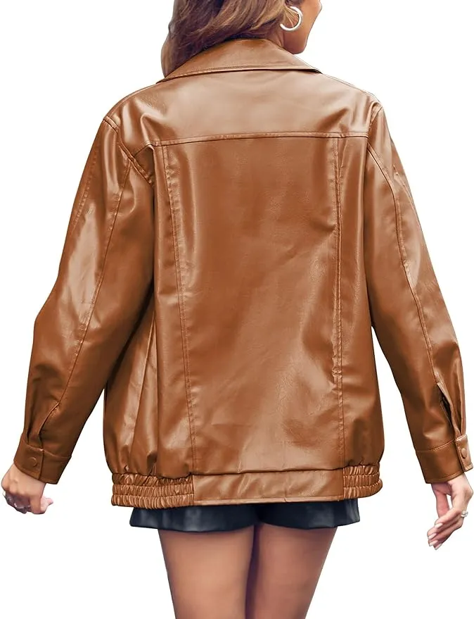 New Miladusa Womens Oversized Leather Jackets Faux Casual Zip Up Trendy Bomber Motorcycle Jacket with Pockets Brown, Sz S! Retails $87 