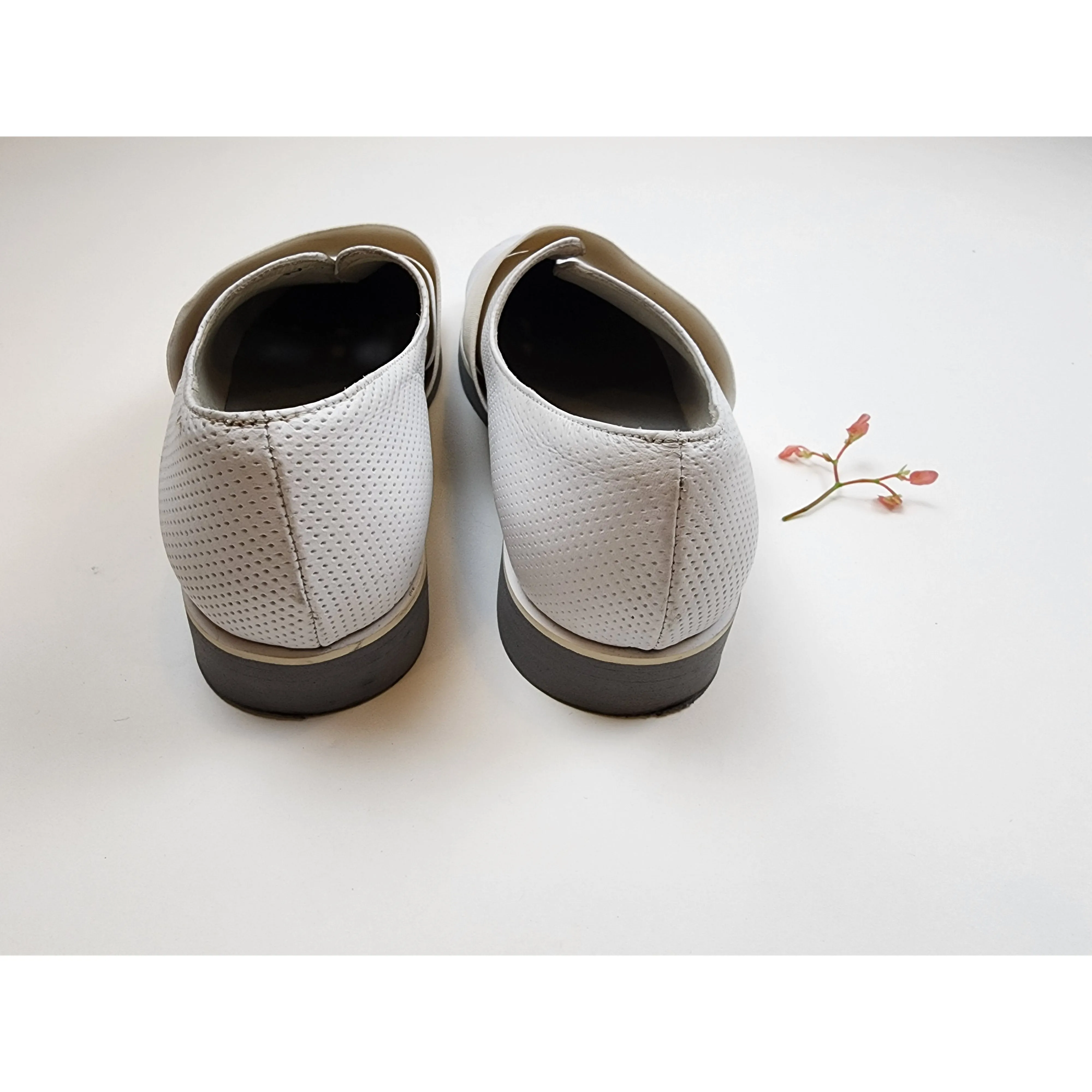 Norman & Bella perforated white leather shoes with elastic strap over size 11
