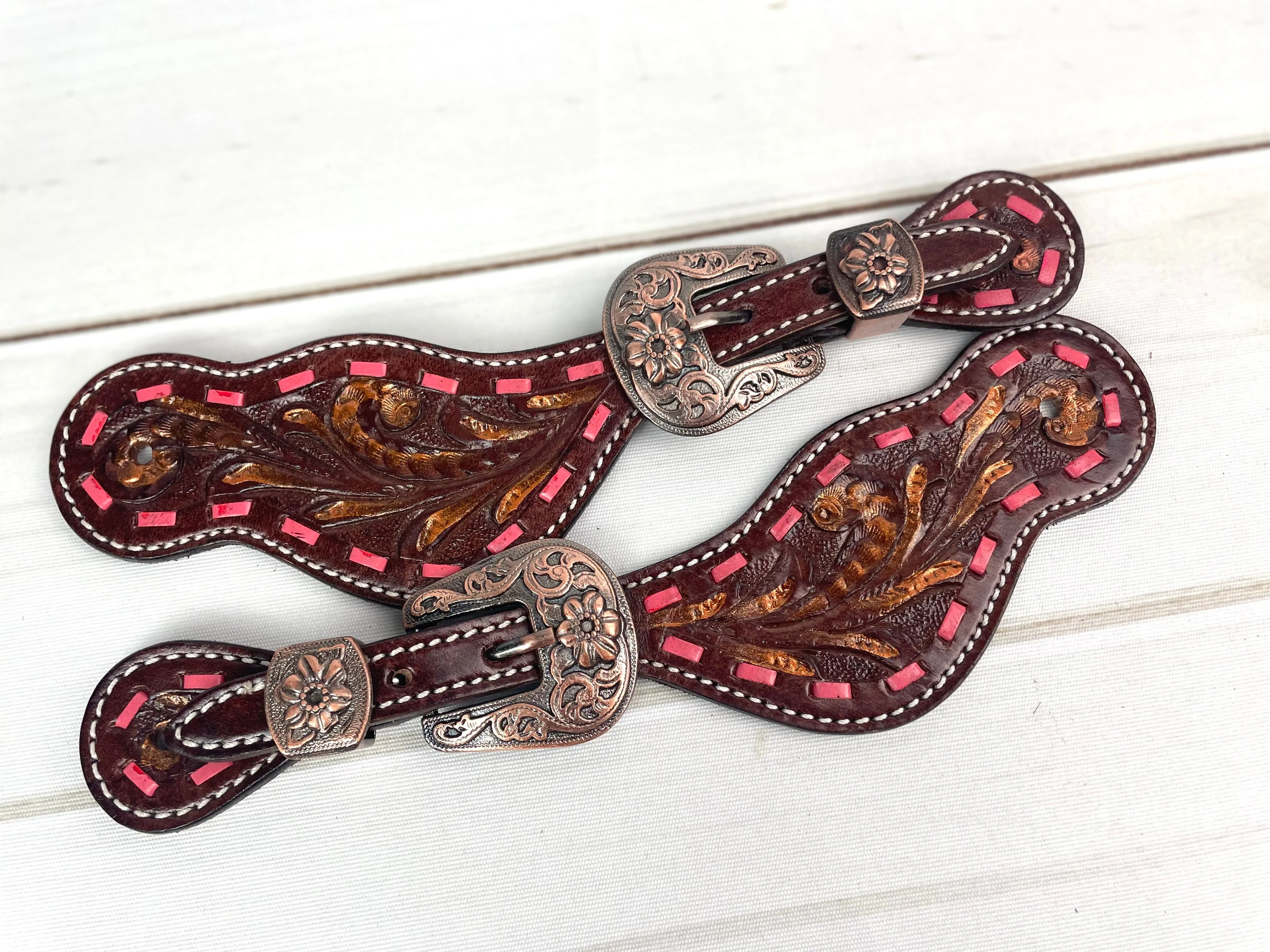 Pink Buckstitch Copper Brushed Leather Spur Straps