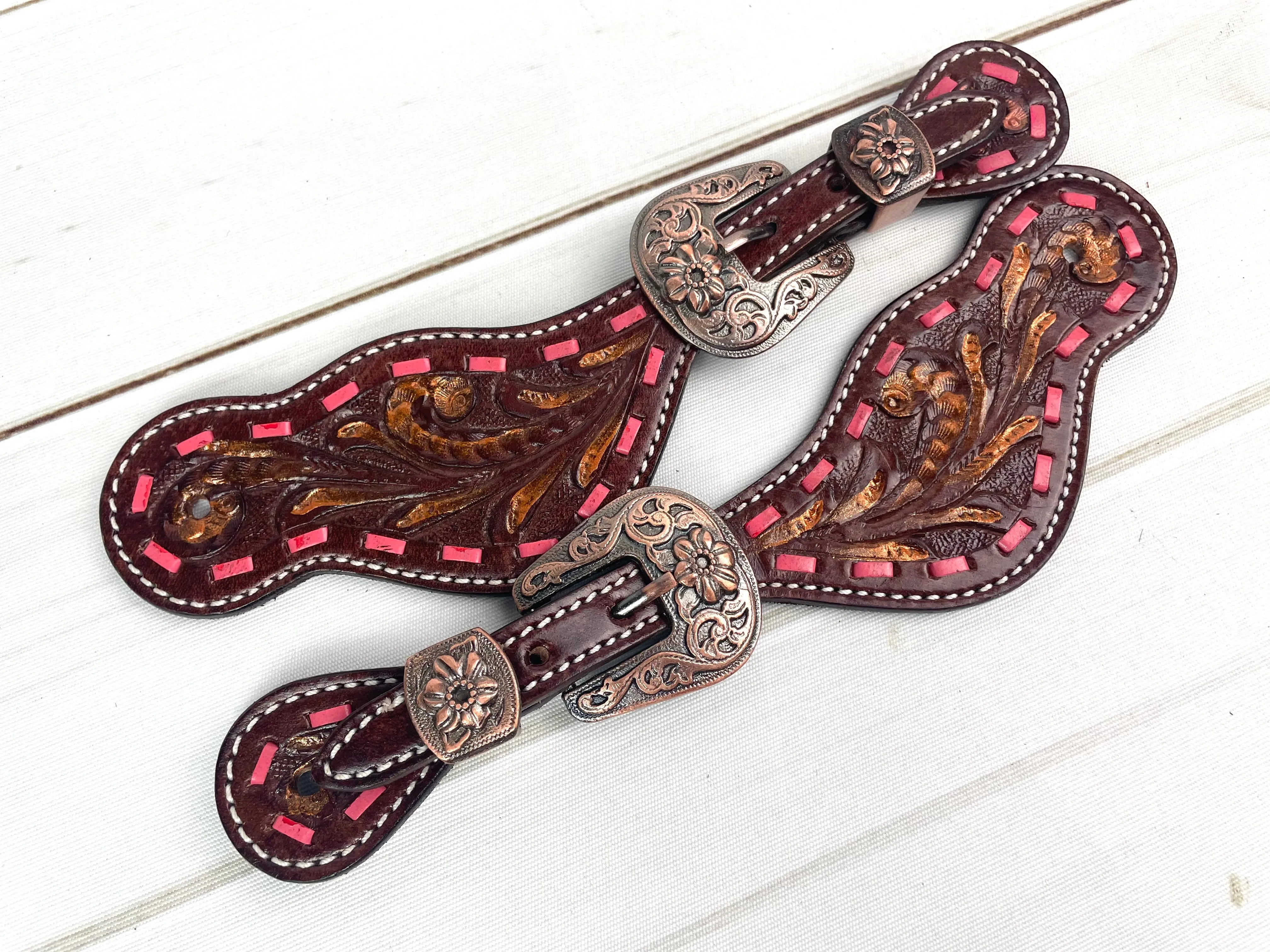Pink Buckstitch Copper Brushed Leather Spur Straps