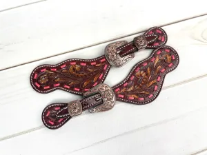 Pink Buckstitch Copper Brushed Leather Spur Straps