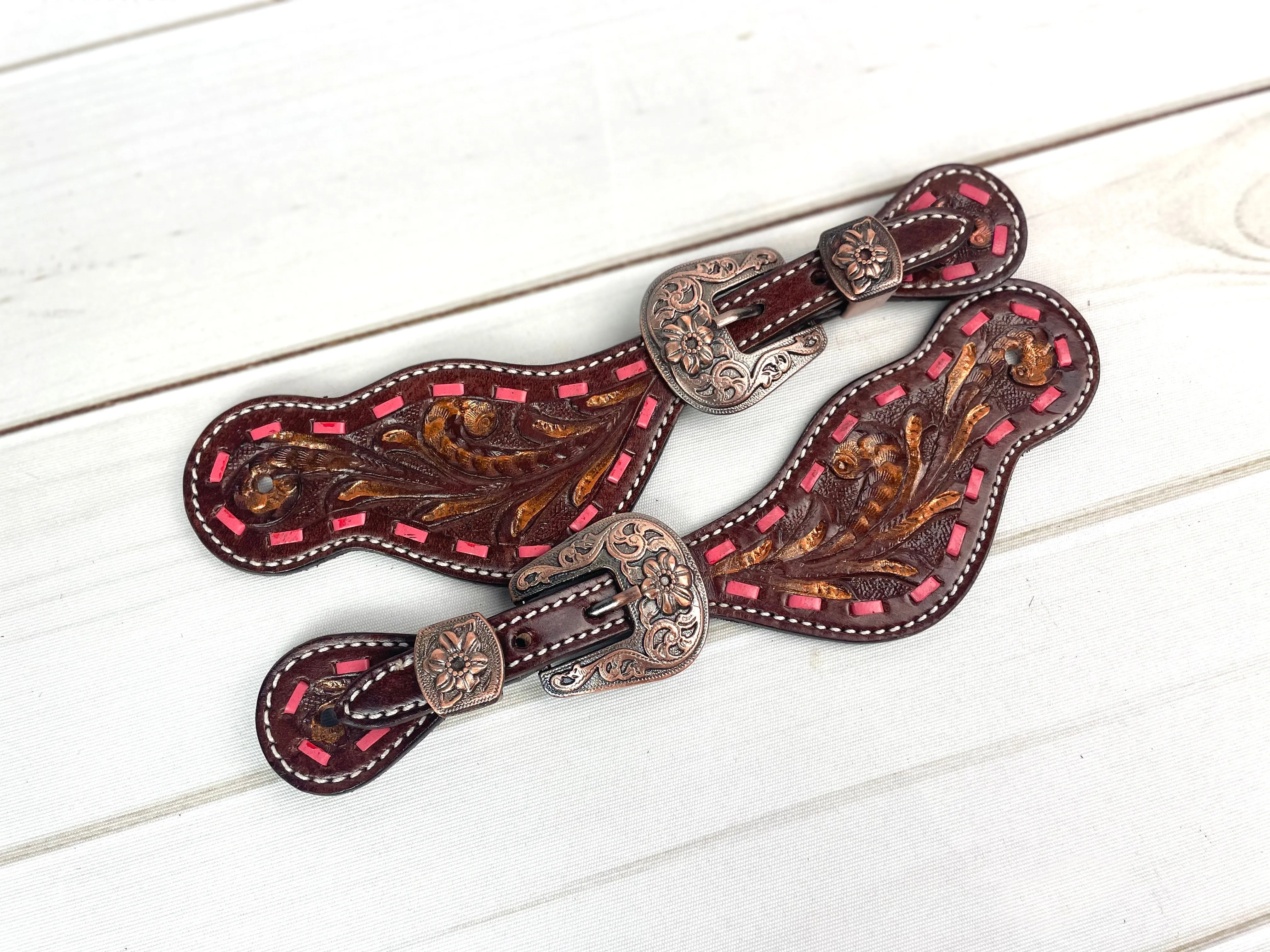 Pink Buckstitch Copper Brushed Leather Spur Straps