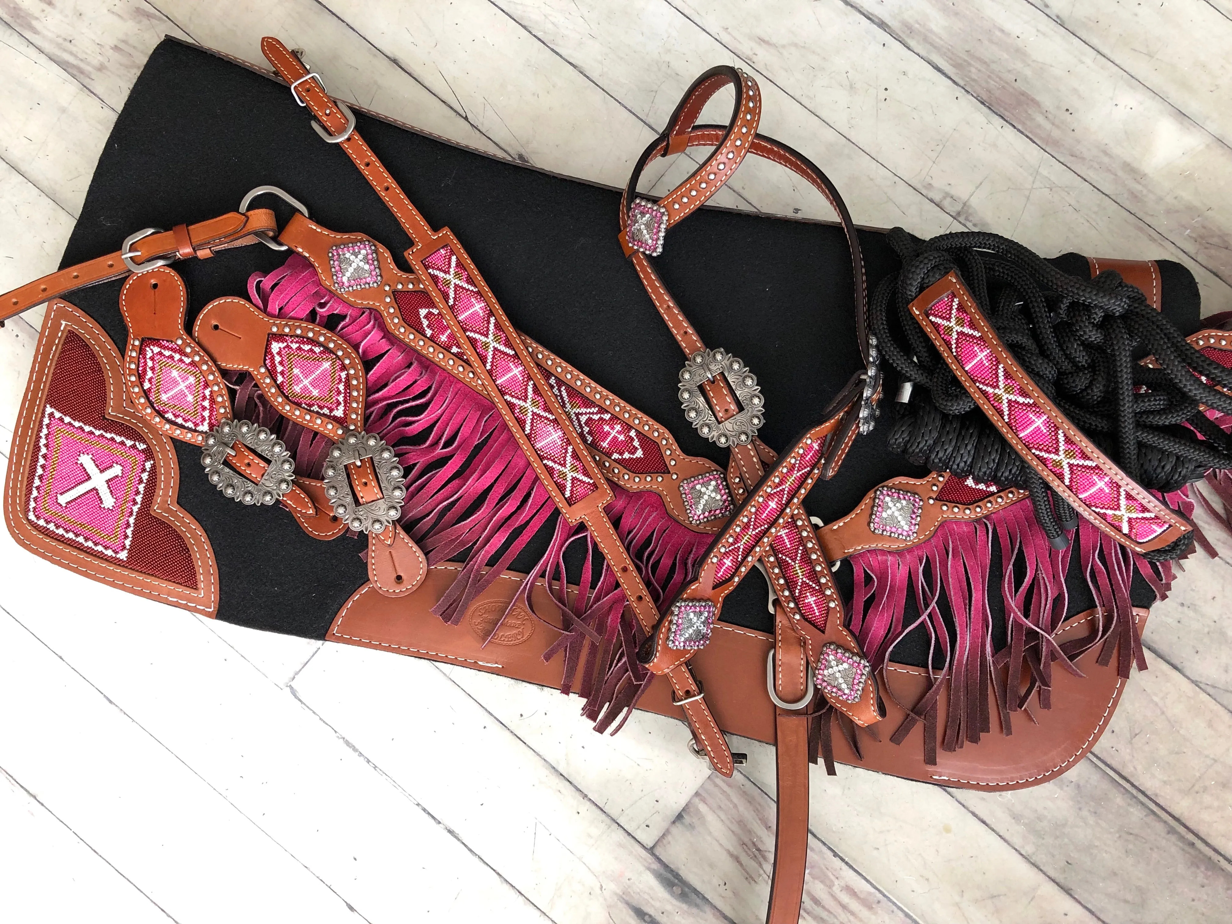 Pink Cross Beaded Inset Spur Straps