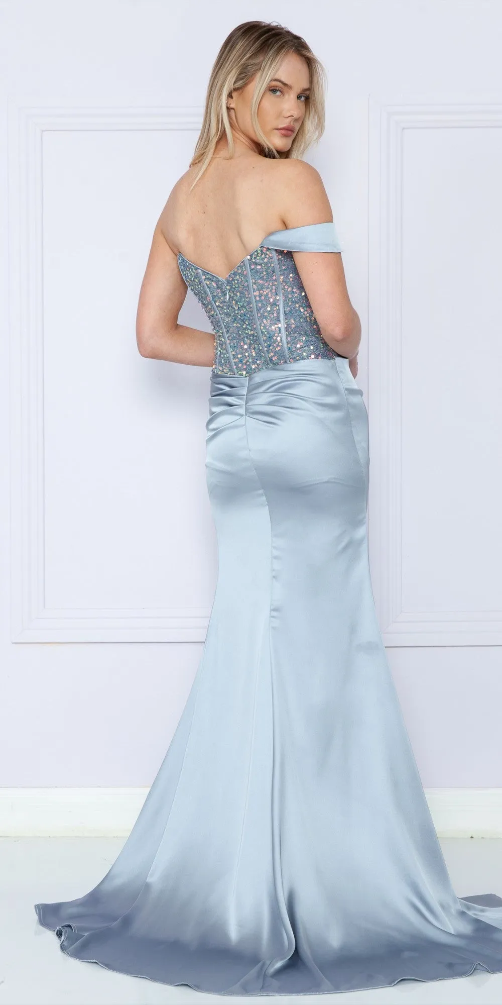 Poly USA 9178 Fitted Floor Length Single Off the Shoulder Span Satin Gown