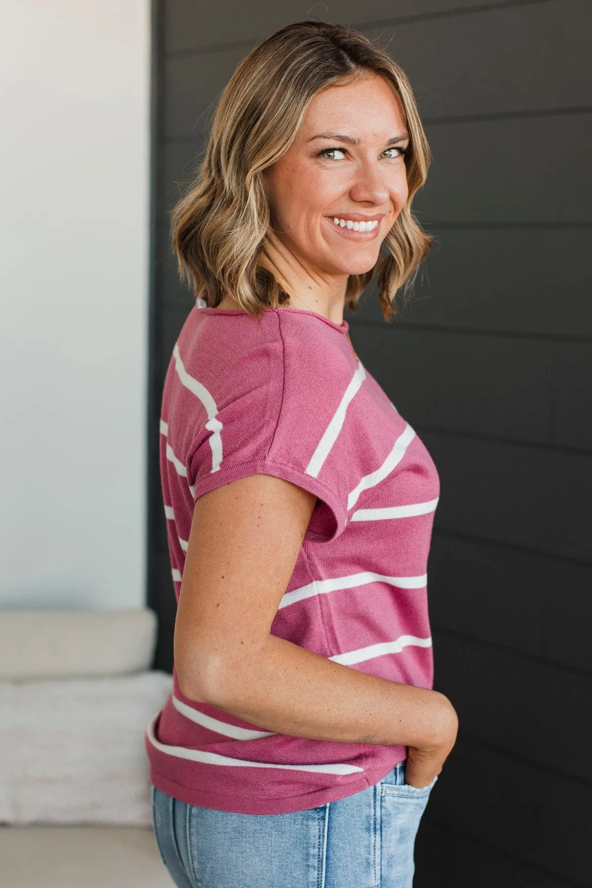 Positive Affirmations Striped Knit Top- Rose
