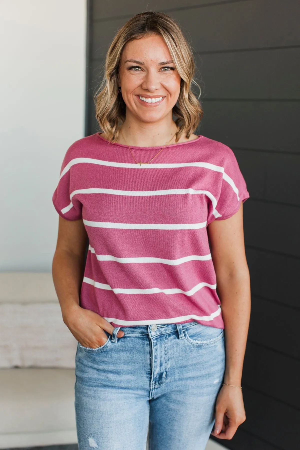 Positive Affirmations Striped Knit Top- Rose