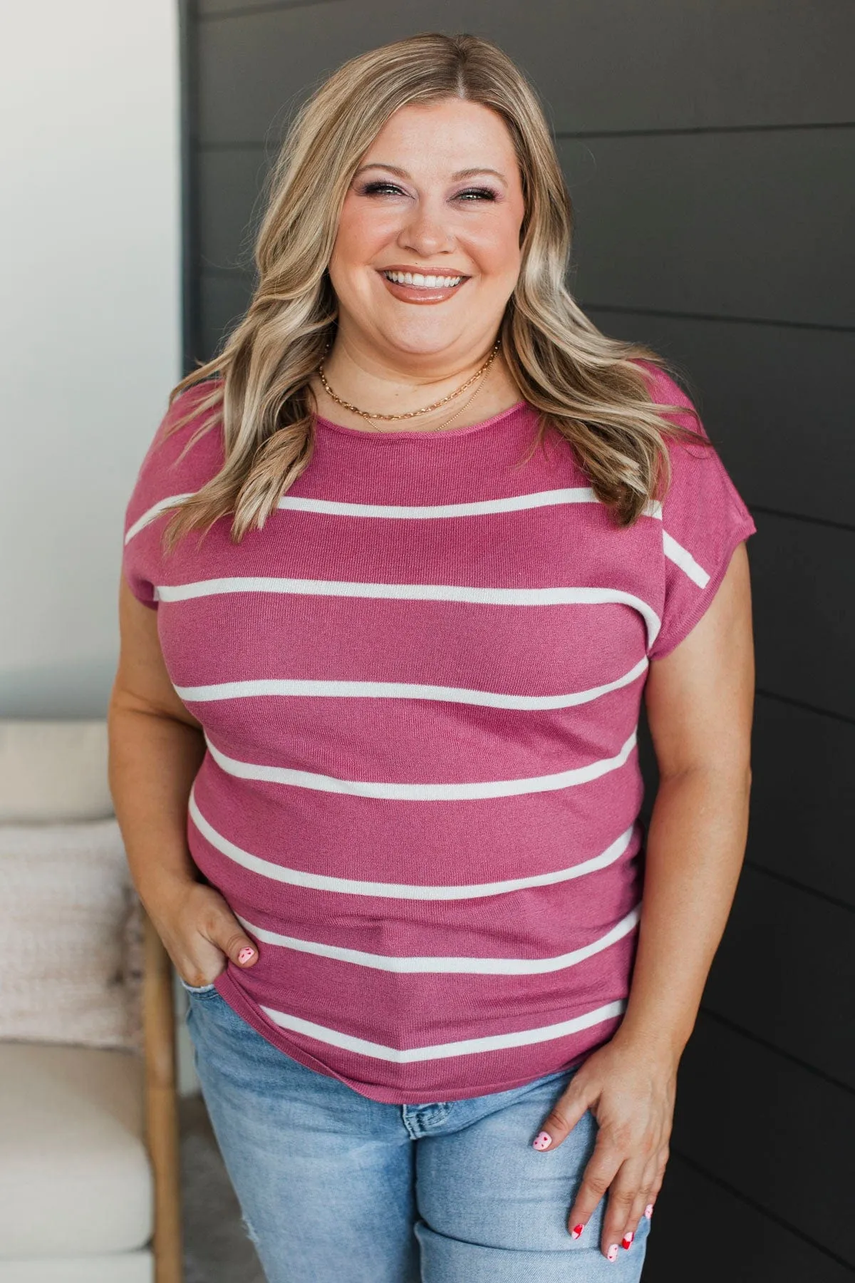 Positive Affirmations Striped Knit Top- Rose