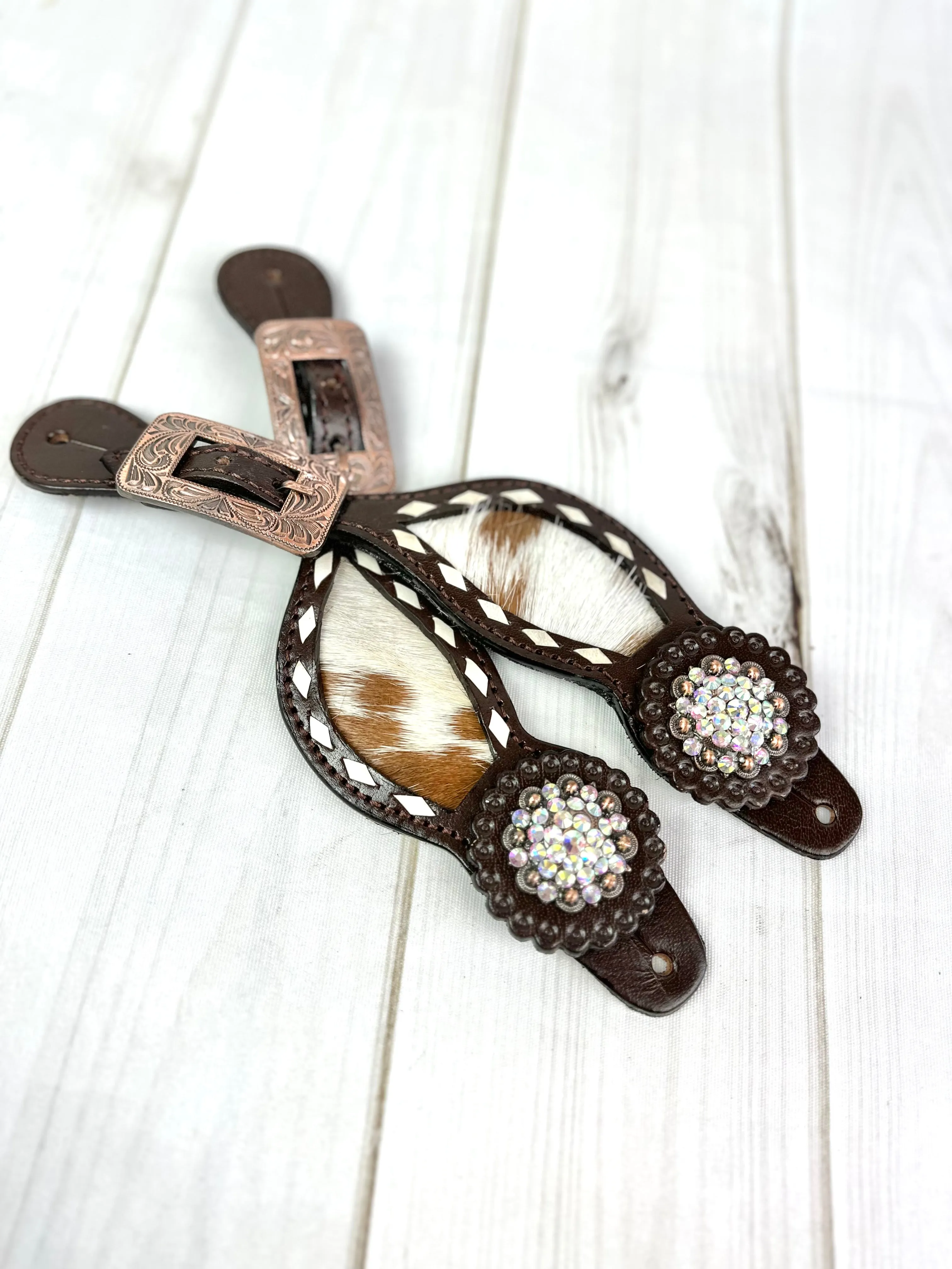 Rhinestone Concho Dark Leather and Cowhide Spur Straps