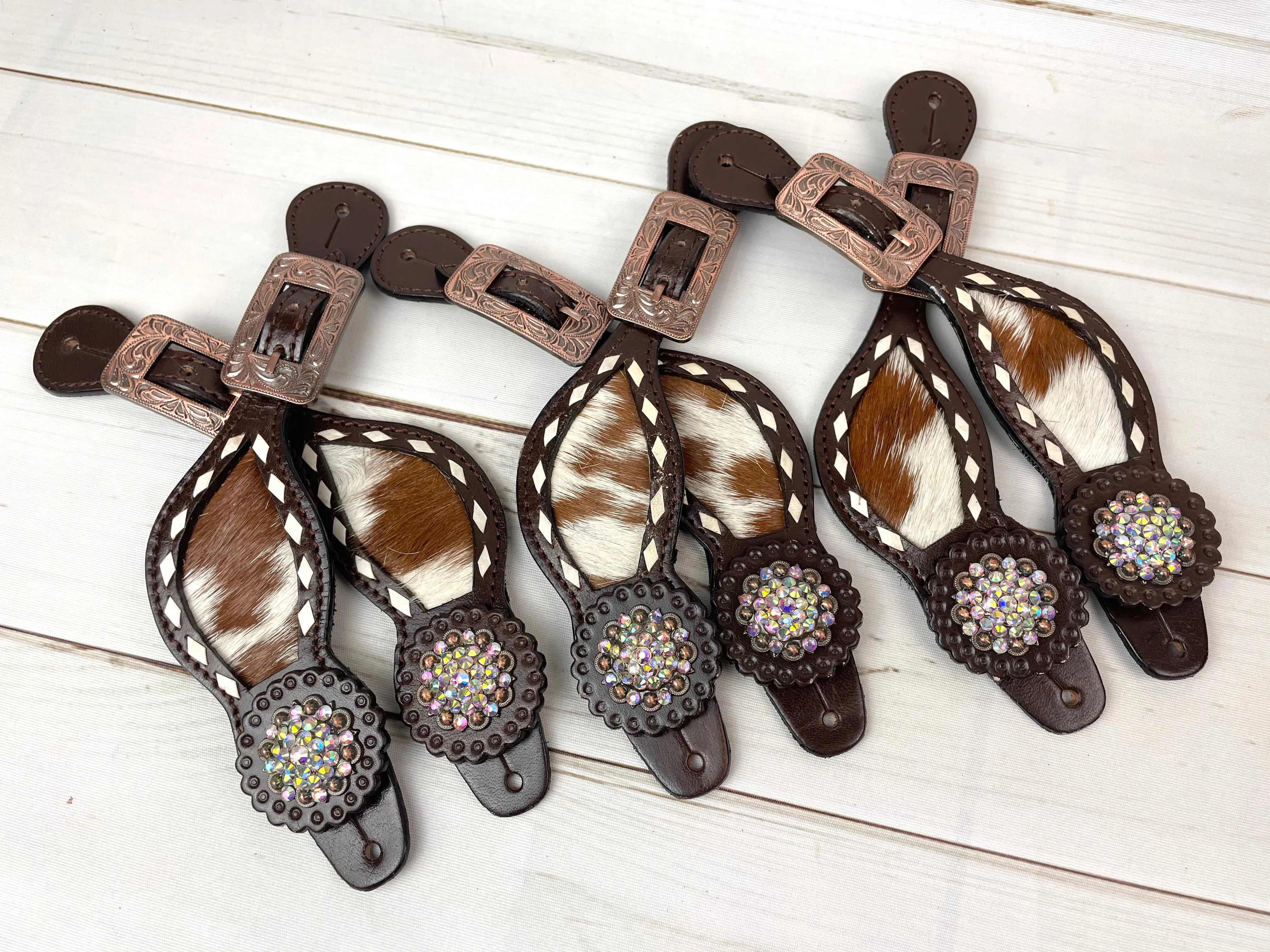 Rhinestone Concho Dark Leather and Cowhide Spur Straps