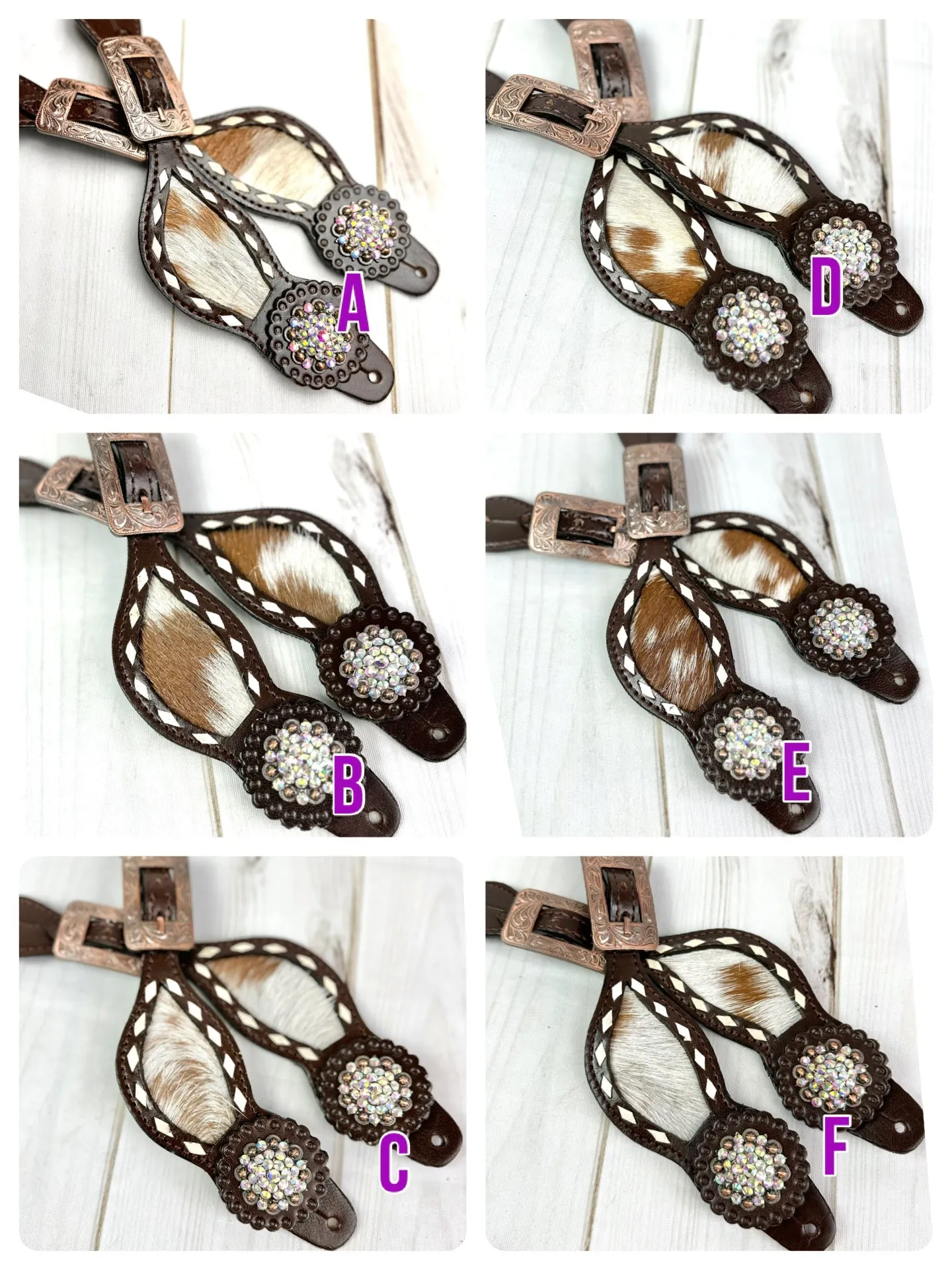 Rhinestone Concho Dark Leather and Cowhide Spur Straps