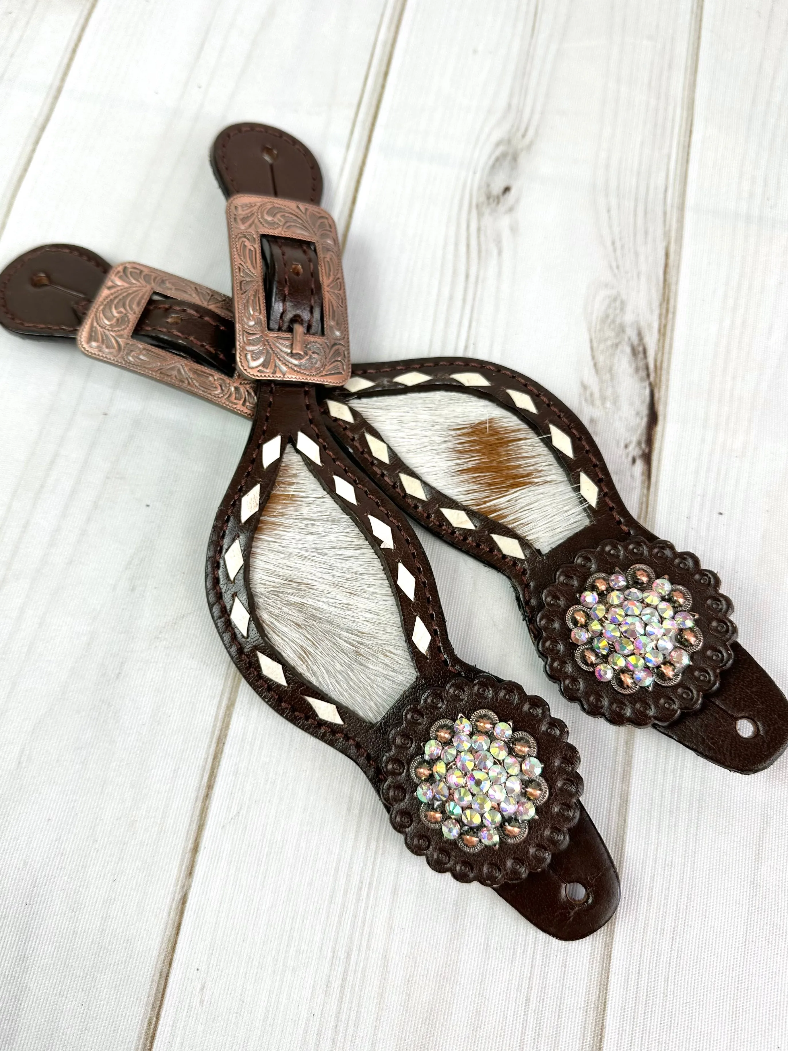 Rhinestone Concho Dark Leather and Cowhide Spur Straps