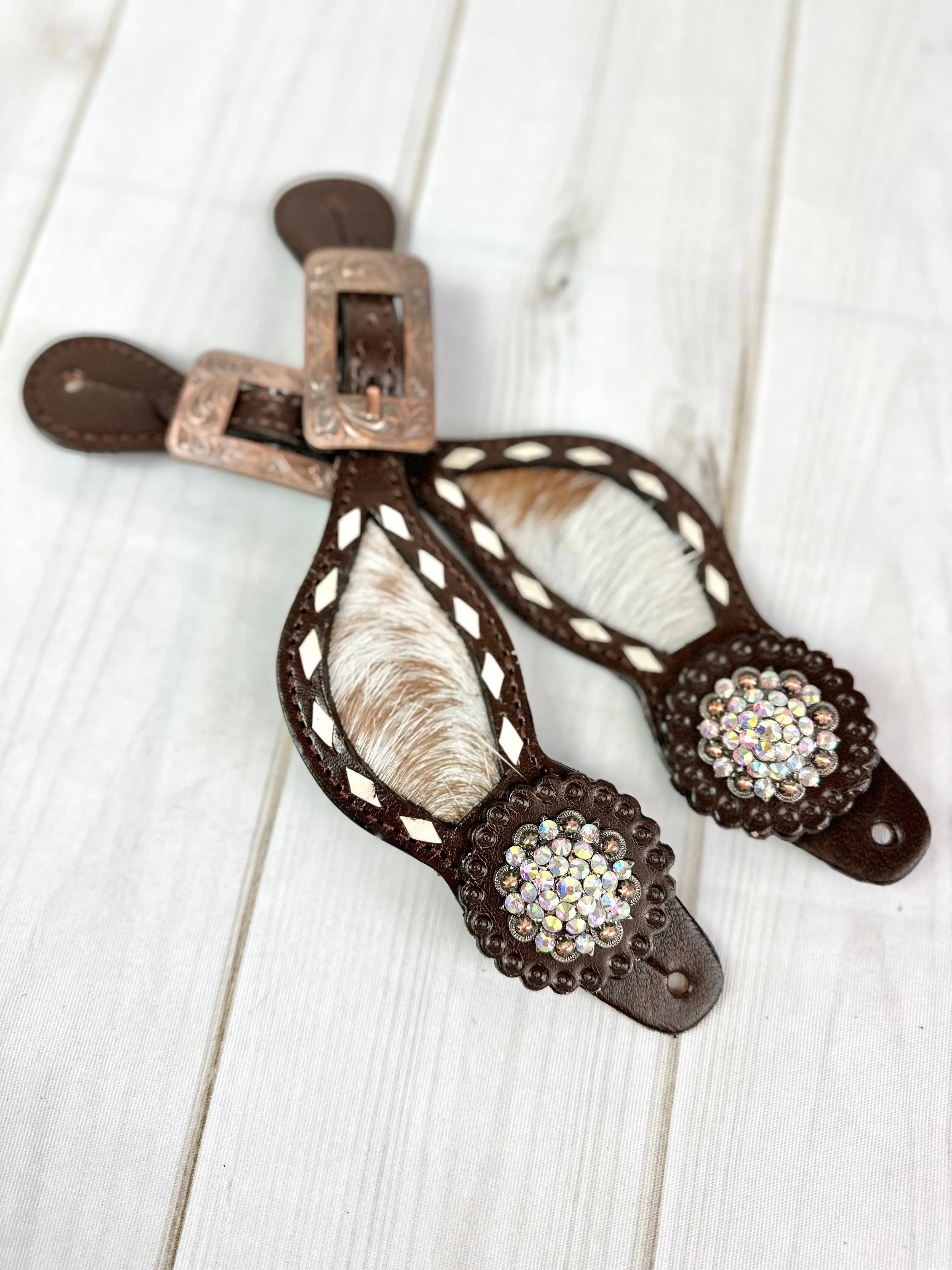 Rhinestone Concho Dark Leather and Cowhide Spur Straps