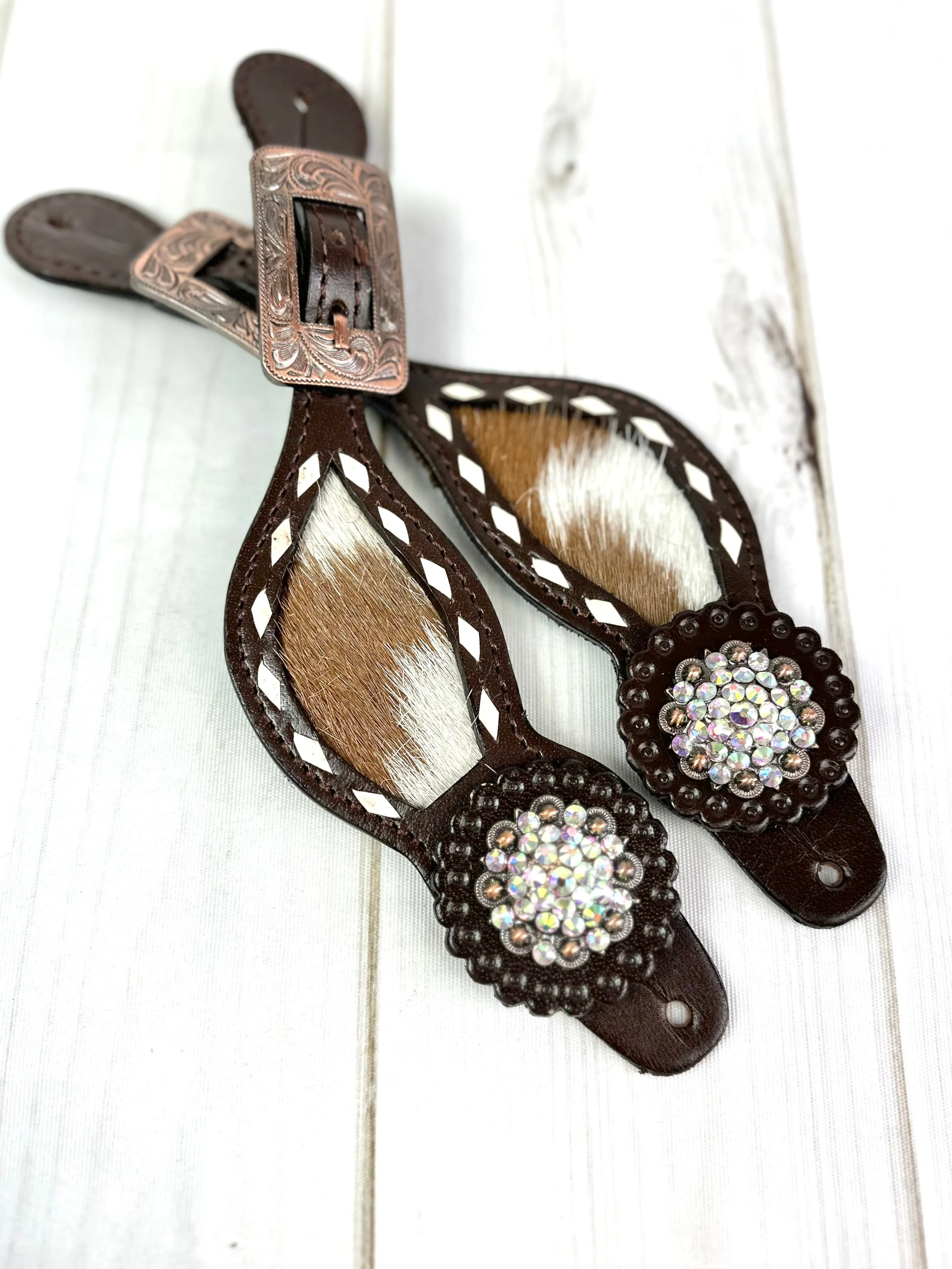 Rhinestone Concho Dark Leather and Cowhide Spur Straps